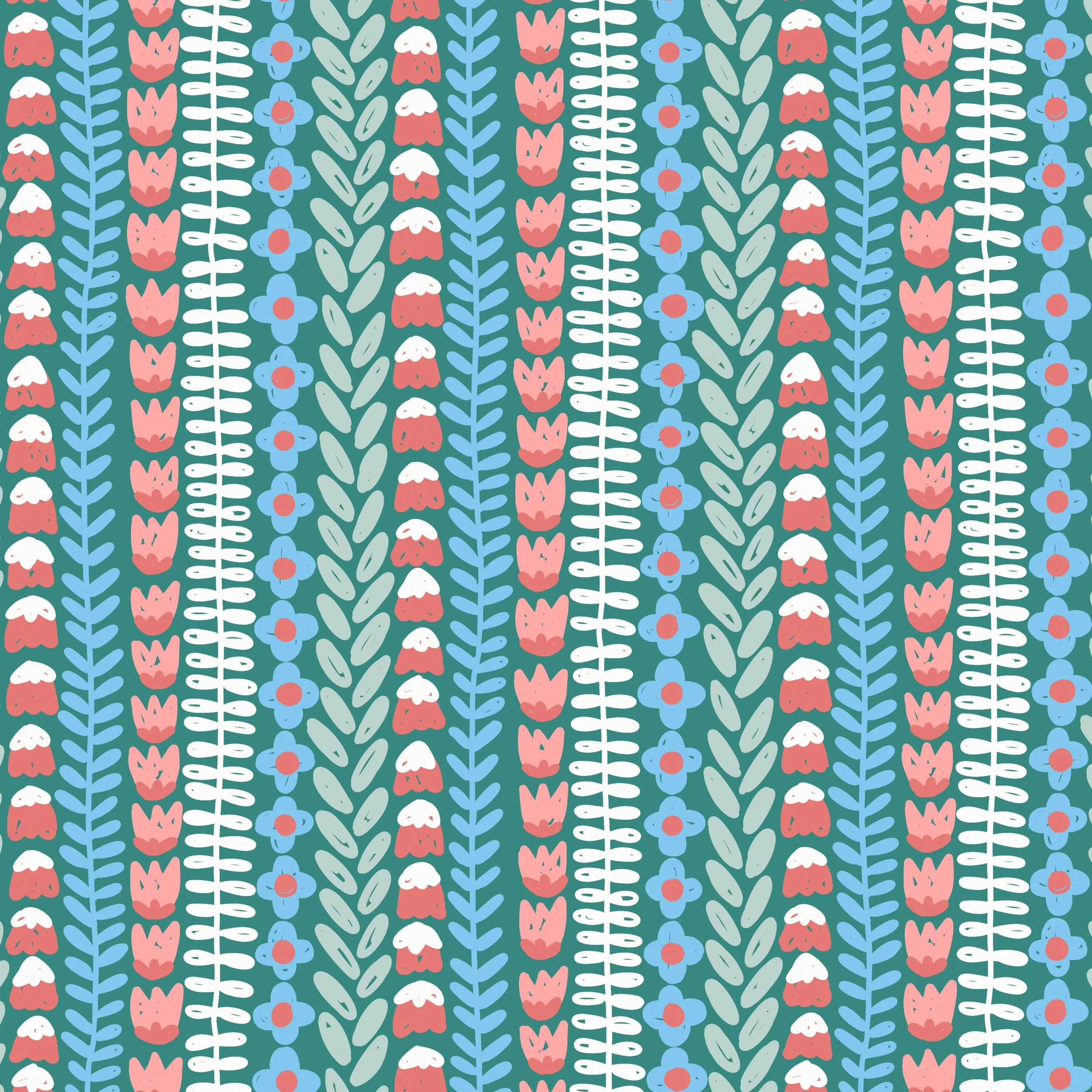 botanical stripe patten made of rows of textured doodle flowers, blooms, leaves, and vines in a soft pastel color palette on a teal blue-green background