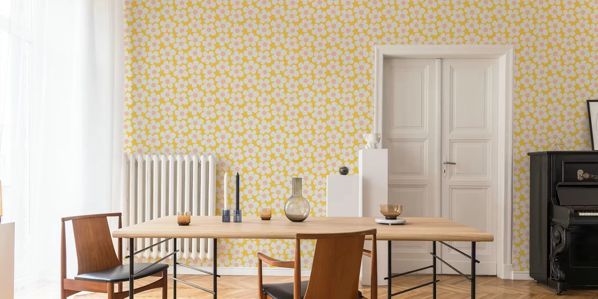 Wallpaper featuring the pattern Big White Spring Blossoms - Yellow and Pink