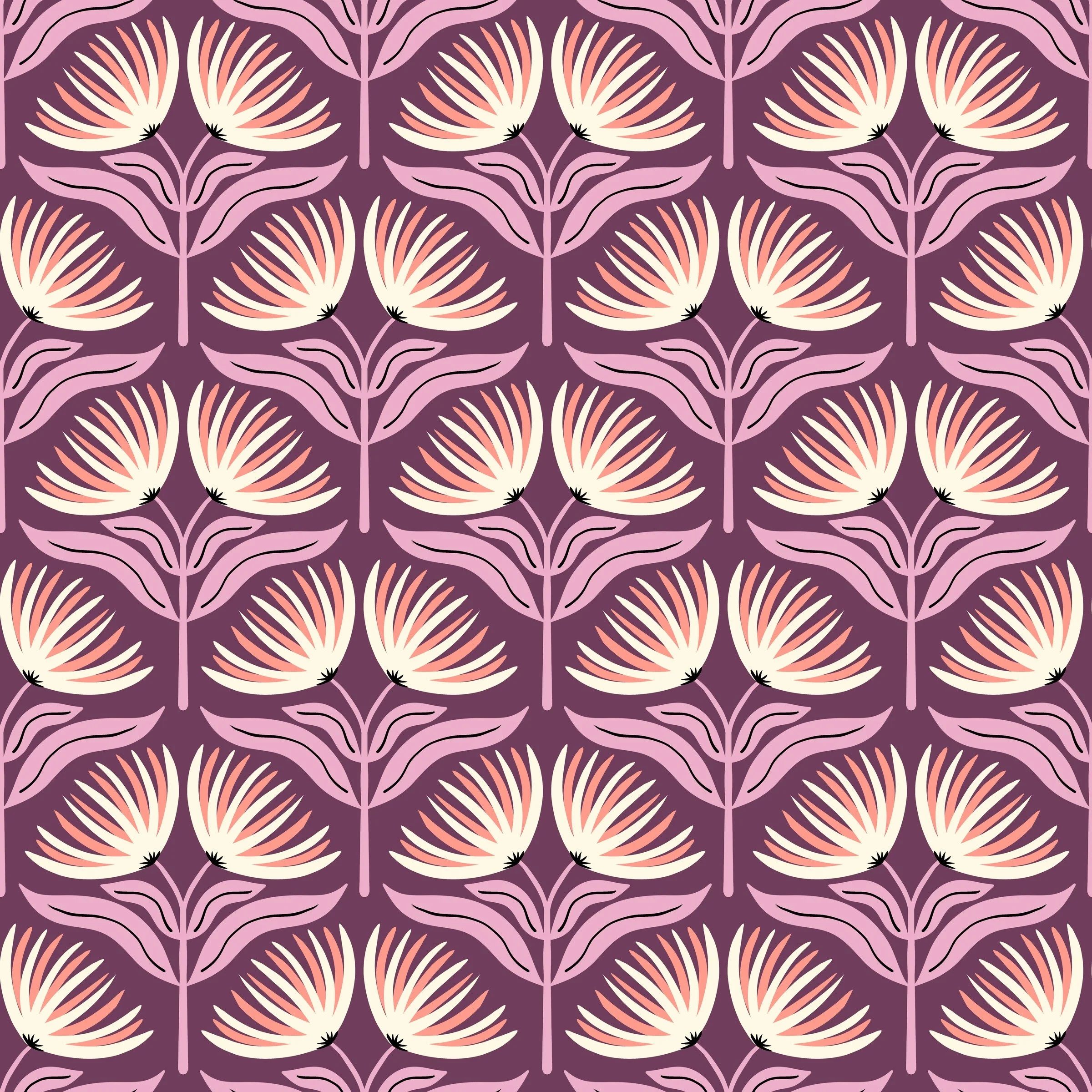 Seamless repeat pattern with cream and coral fan flowers on a deep plum ground, copyright Sandra Hutter.