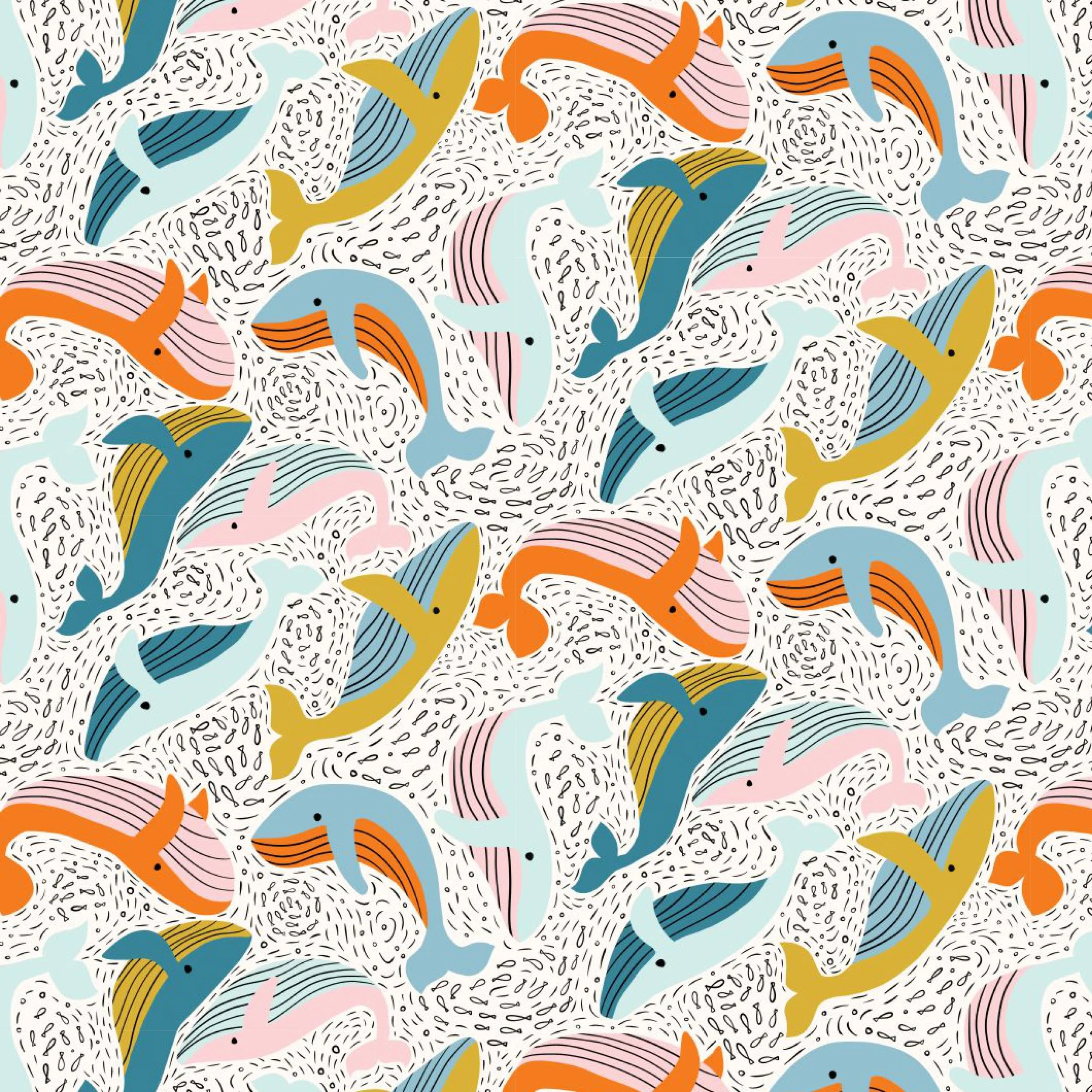 Cheerful abstract whales in soft, happy colors. A playful ocean design made for kids’ rooms, nurseries, and fun sewing projects.
