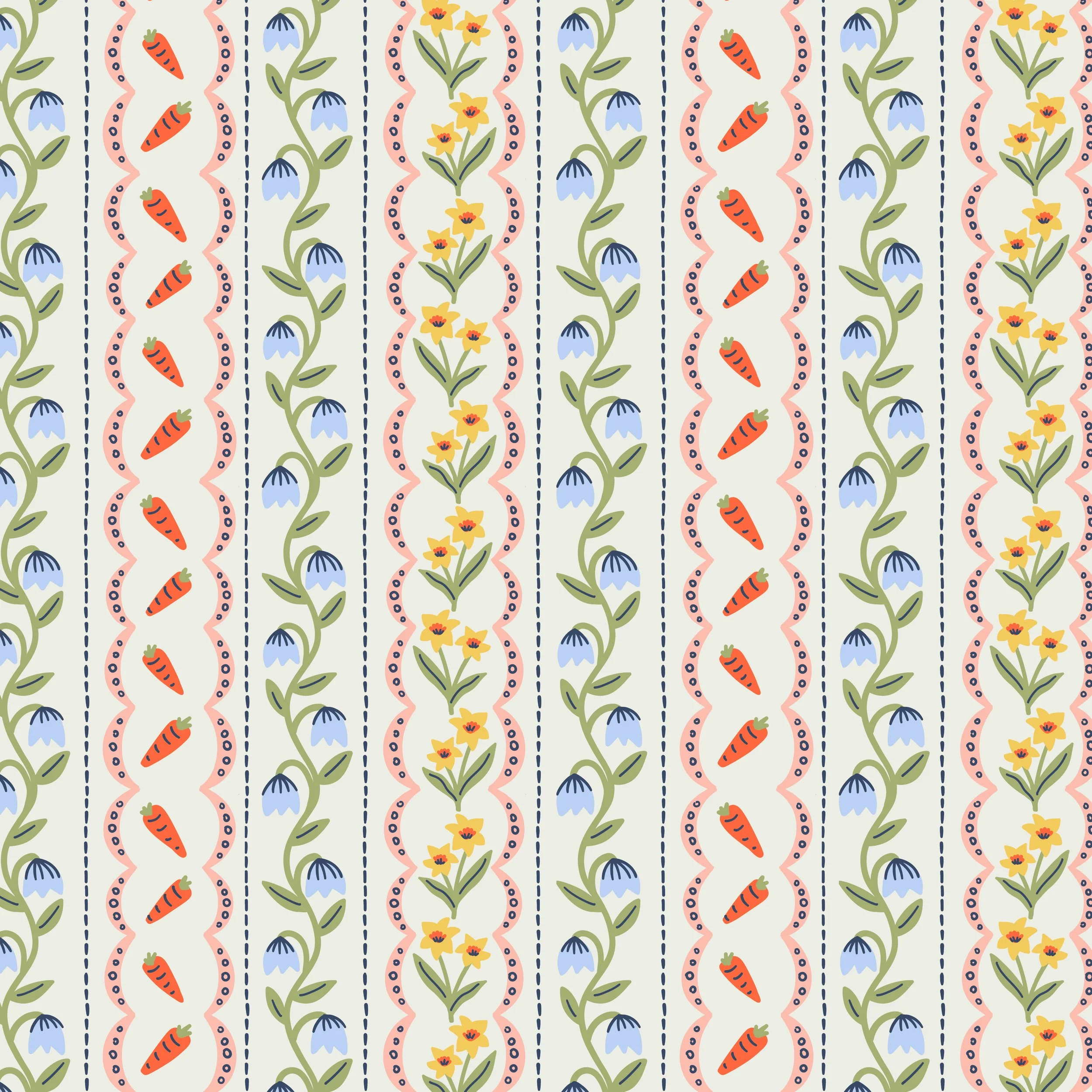 Vintage Folk Art inspired floral gardening stripe pattern of a curving vine with flowers and leaves, a row of daffodils, a line of carrots, vertical dashed lines, and scallop edge lines with a series of circles