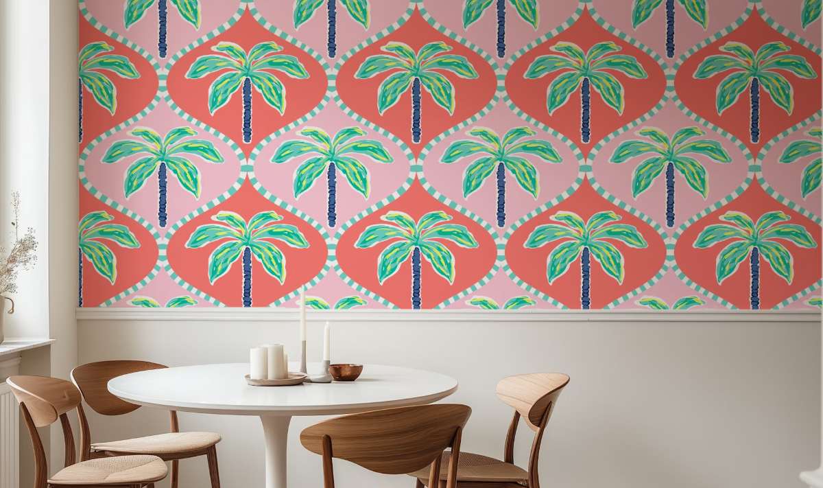 Happywall Wallpaper featuring the Retro Palm Oasis Pink Green - Tropical Palm Springs pattern