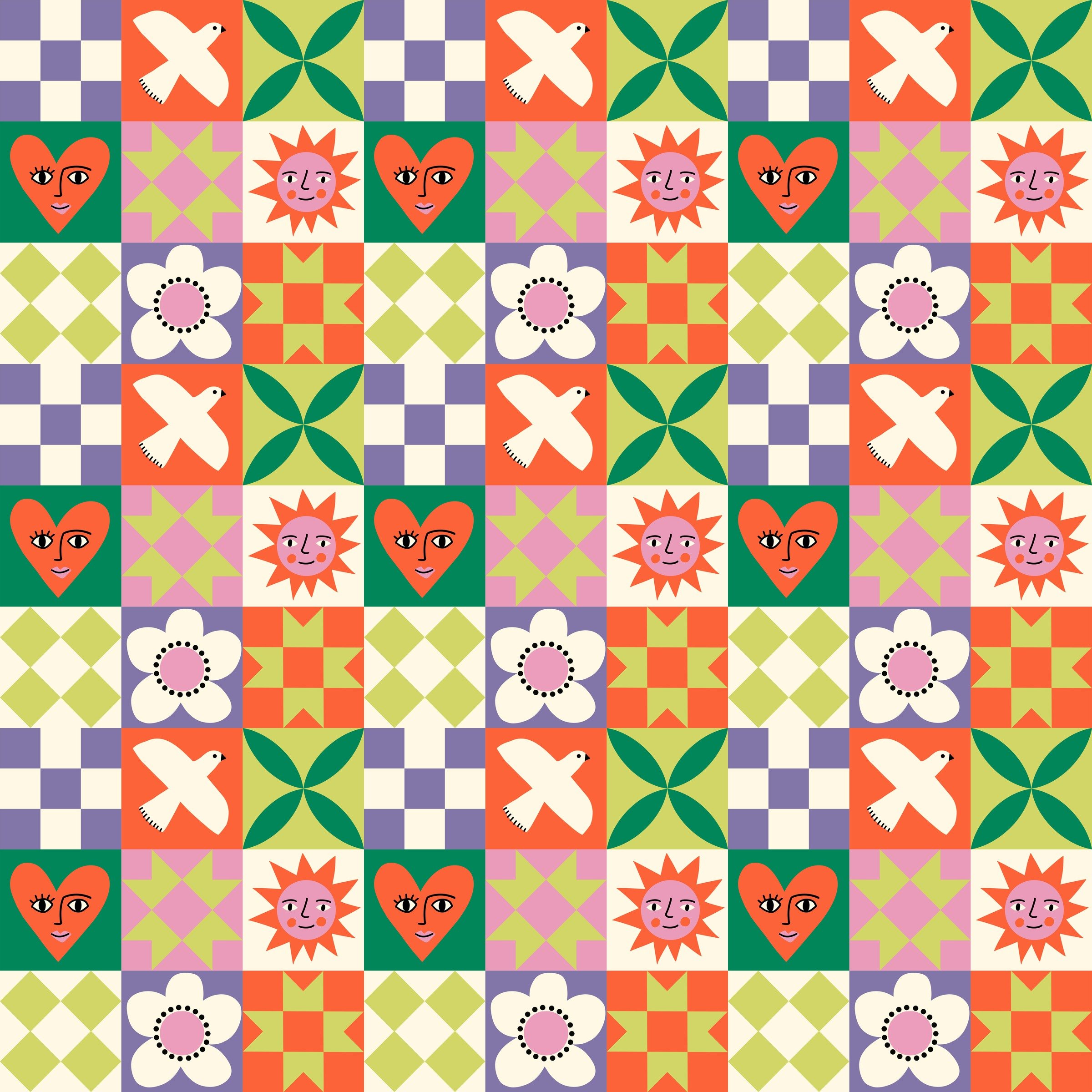 Patchwork quilt block pattern with a dove, smiling sun, heart with a face and daisy in tangerine, lime, kelly green, lavender and pink, copyright Sandra Hutter.