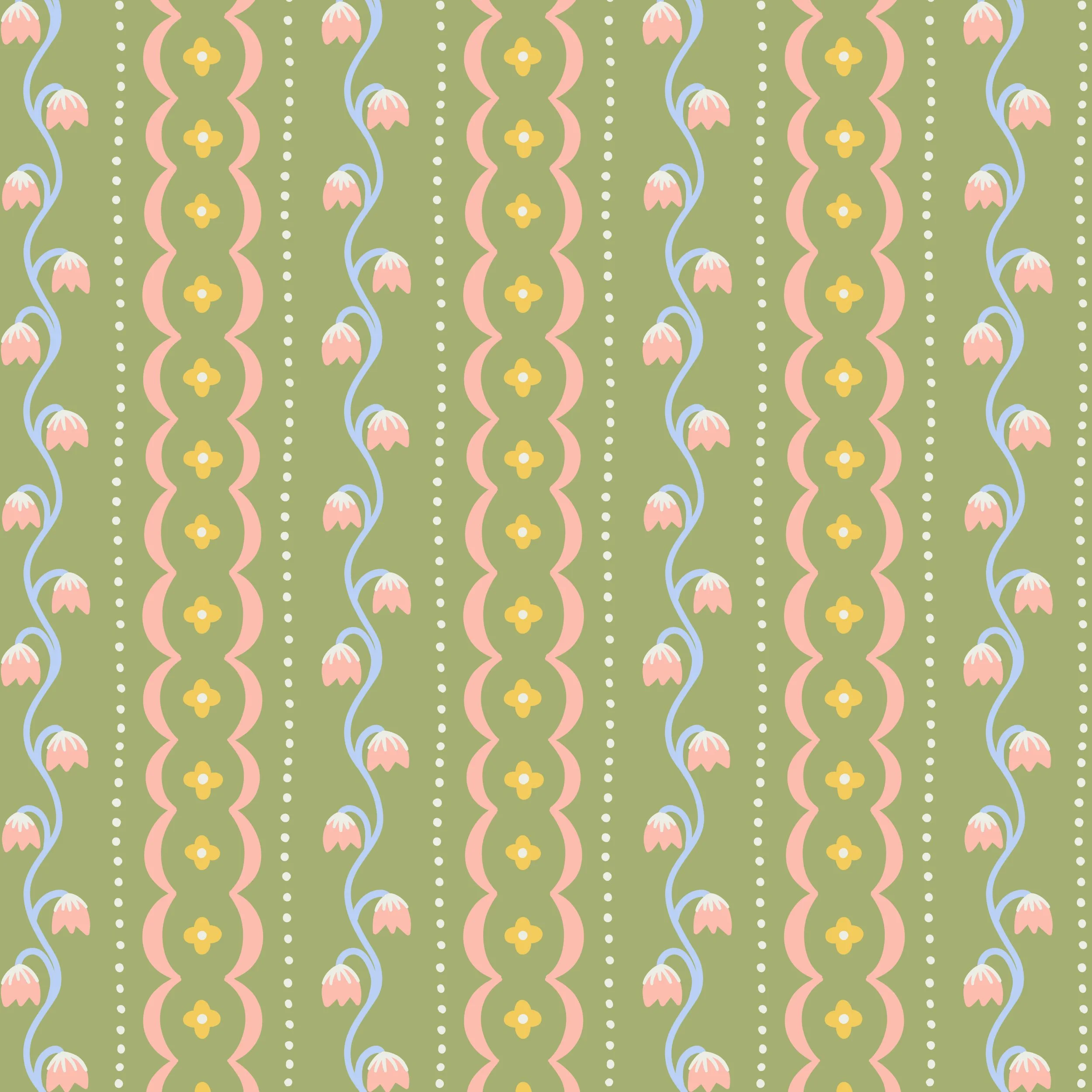 Vintage Folk Art inspired floral stripe pattern of a curving trail of flower vines, a line of four petal blossoms, dotted lines and bumpy scalloped lines. Pink, blue, white, and yellow color palette on a sage green background