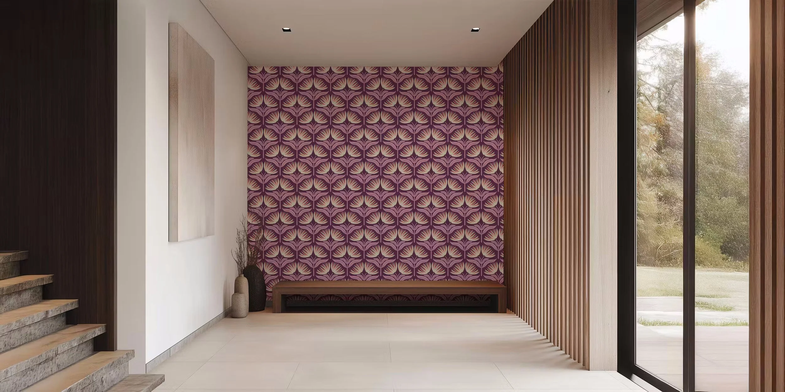 Wallpaper with cream and coral fan flowers on blush stems on deep plum in a bright entryway with wood slats, copyright Sandra Hutter.