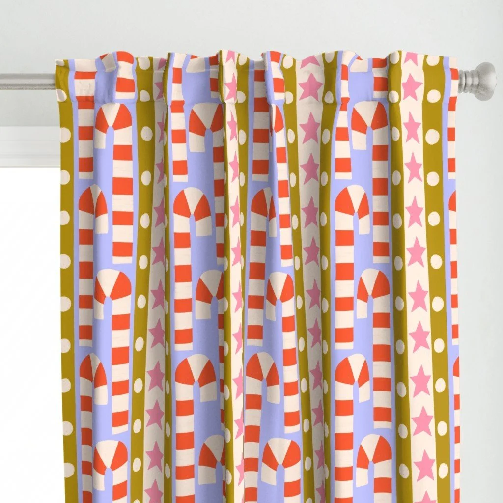 Jolly & Bright: Candy Cane Stripe in Lavender and Mustard on a pair of curtains by Spoonflower, copyright Sandra Hutter.