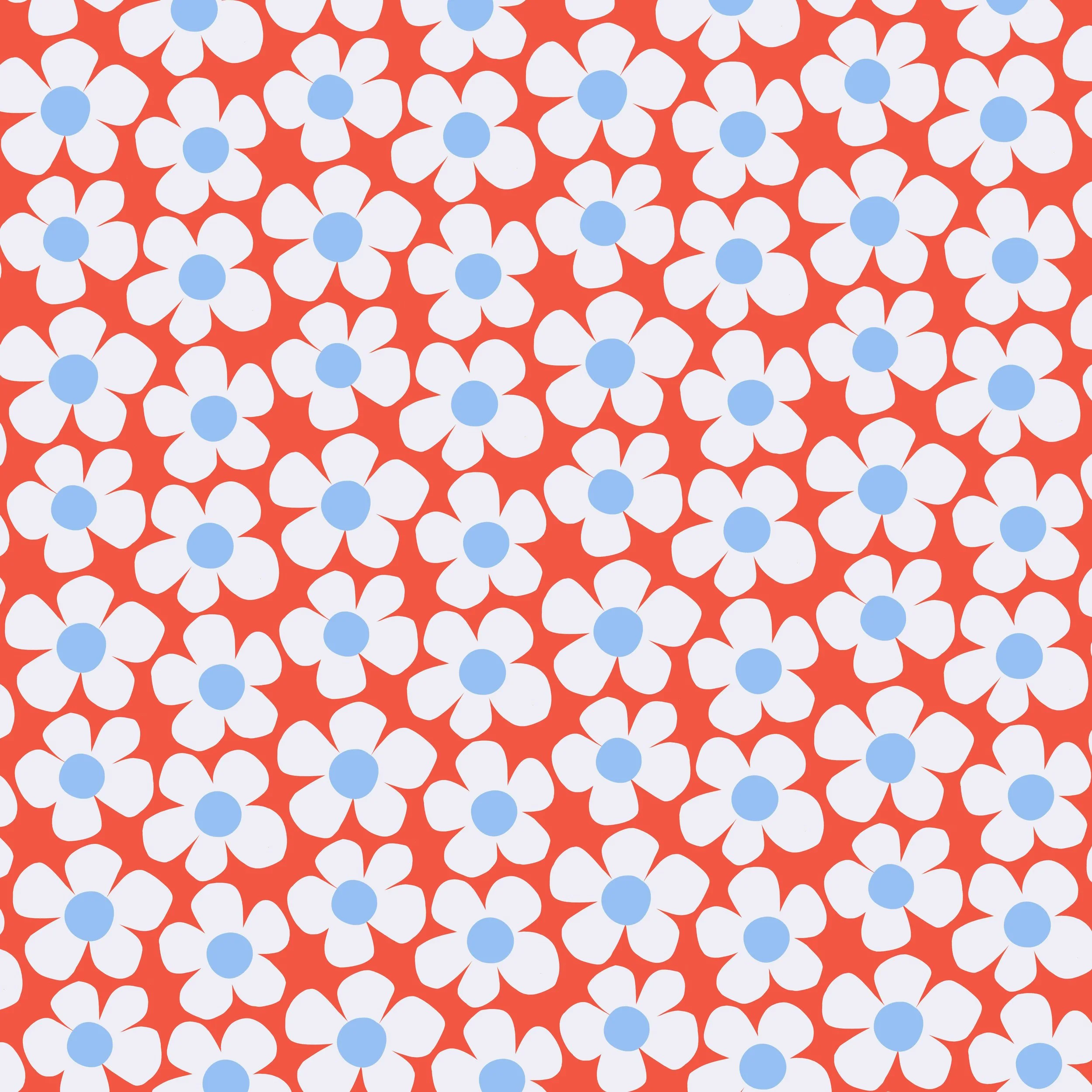 Retro style floral pattern of bold five petal paper-cut-out style flowers with large circular centers on a solid color background. White, pastel blue, and red colors