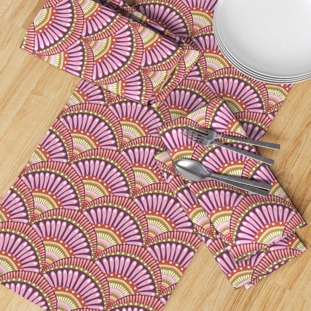 Dinner napkins with plum, blush and coral folk scallop fans, copyright Sandra Hutter.