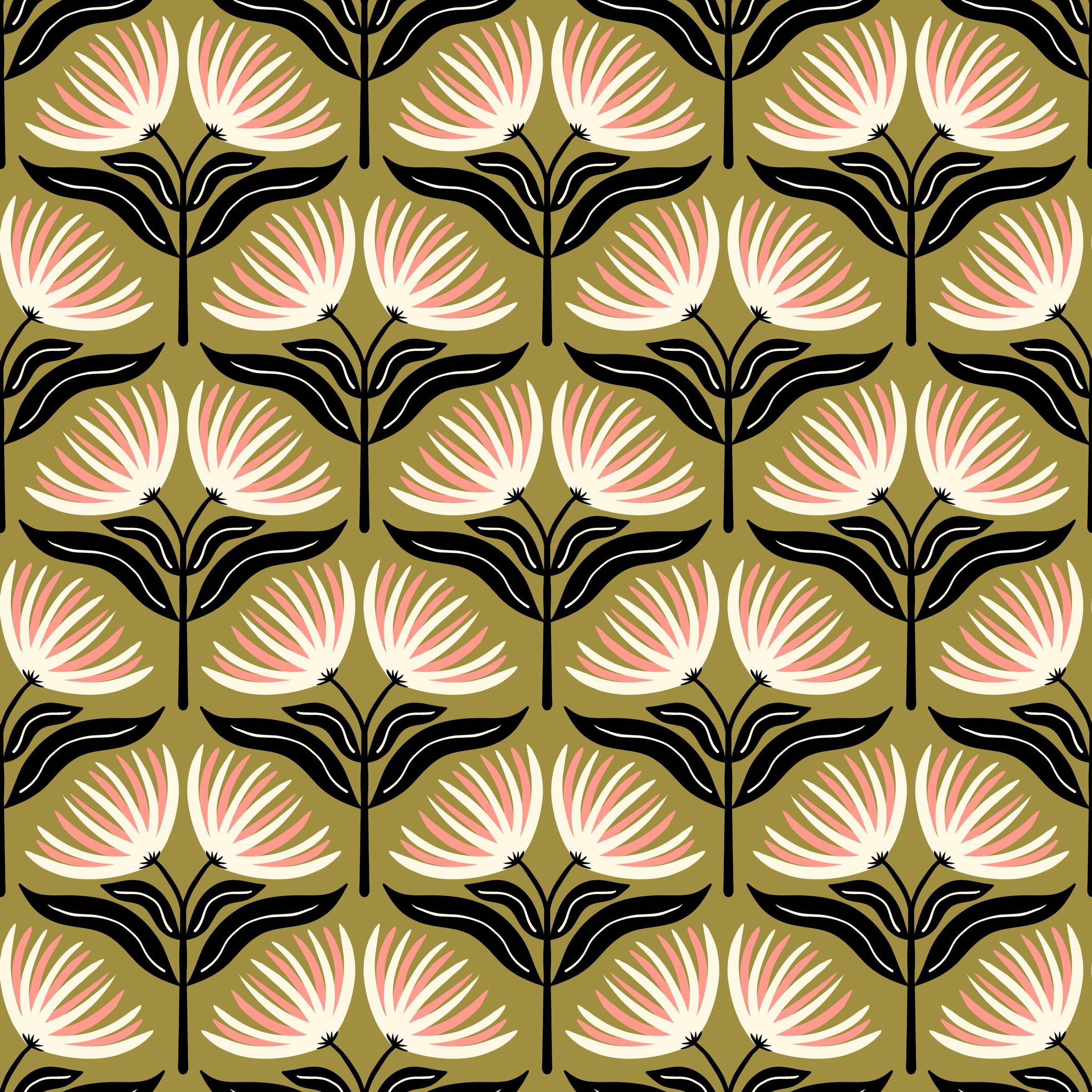 Seamless repeat pattern with cream and coral fan flowers on black stems on olive green, copyright Sandra Hutter.