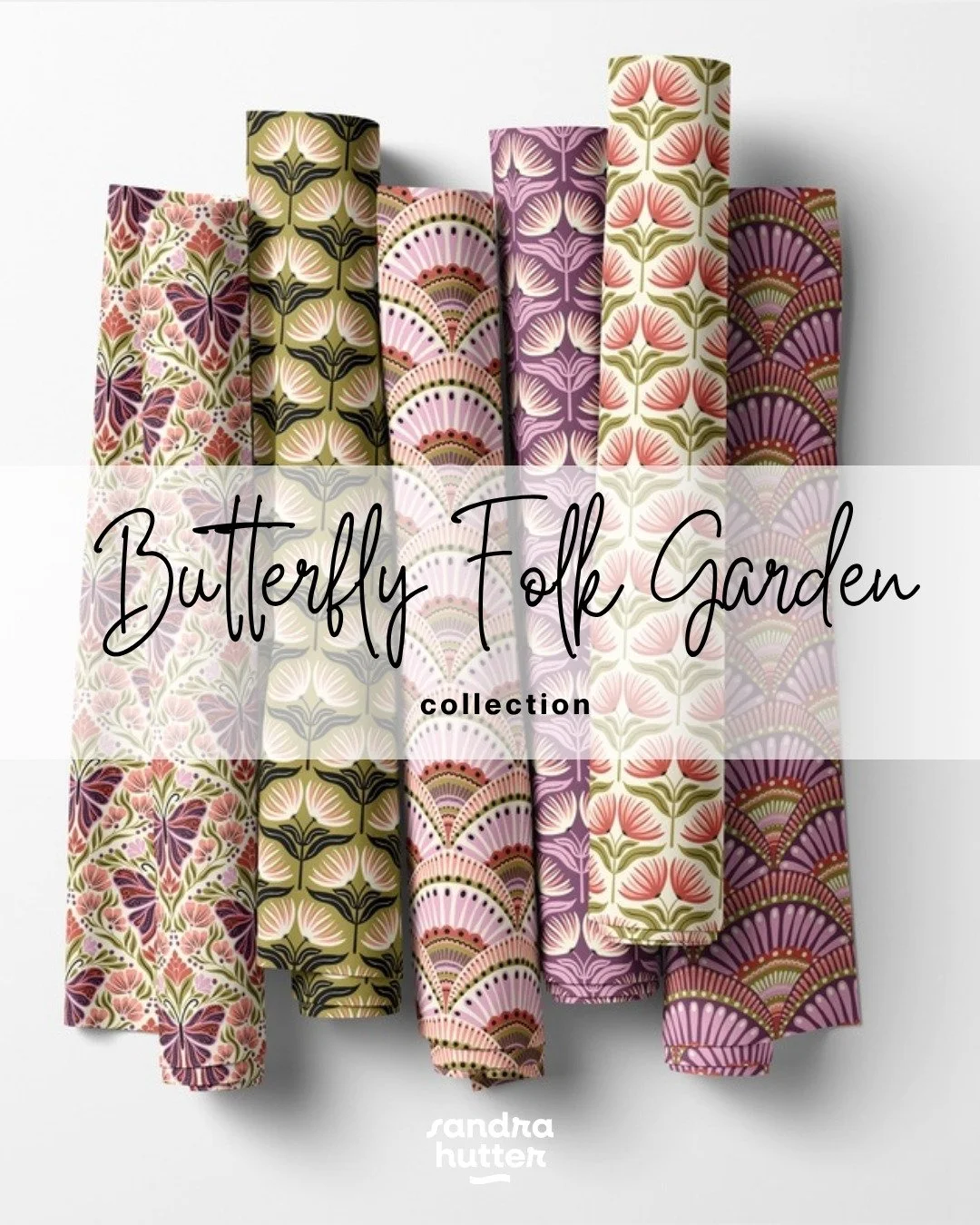 Butterfly Folk Garden pairs plum butterfly damasks with mid century fan flowers and feathery scallop fans in warm plum, blush, terra cotta and olive green.