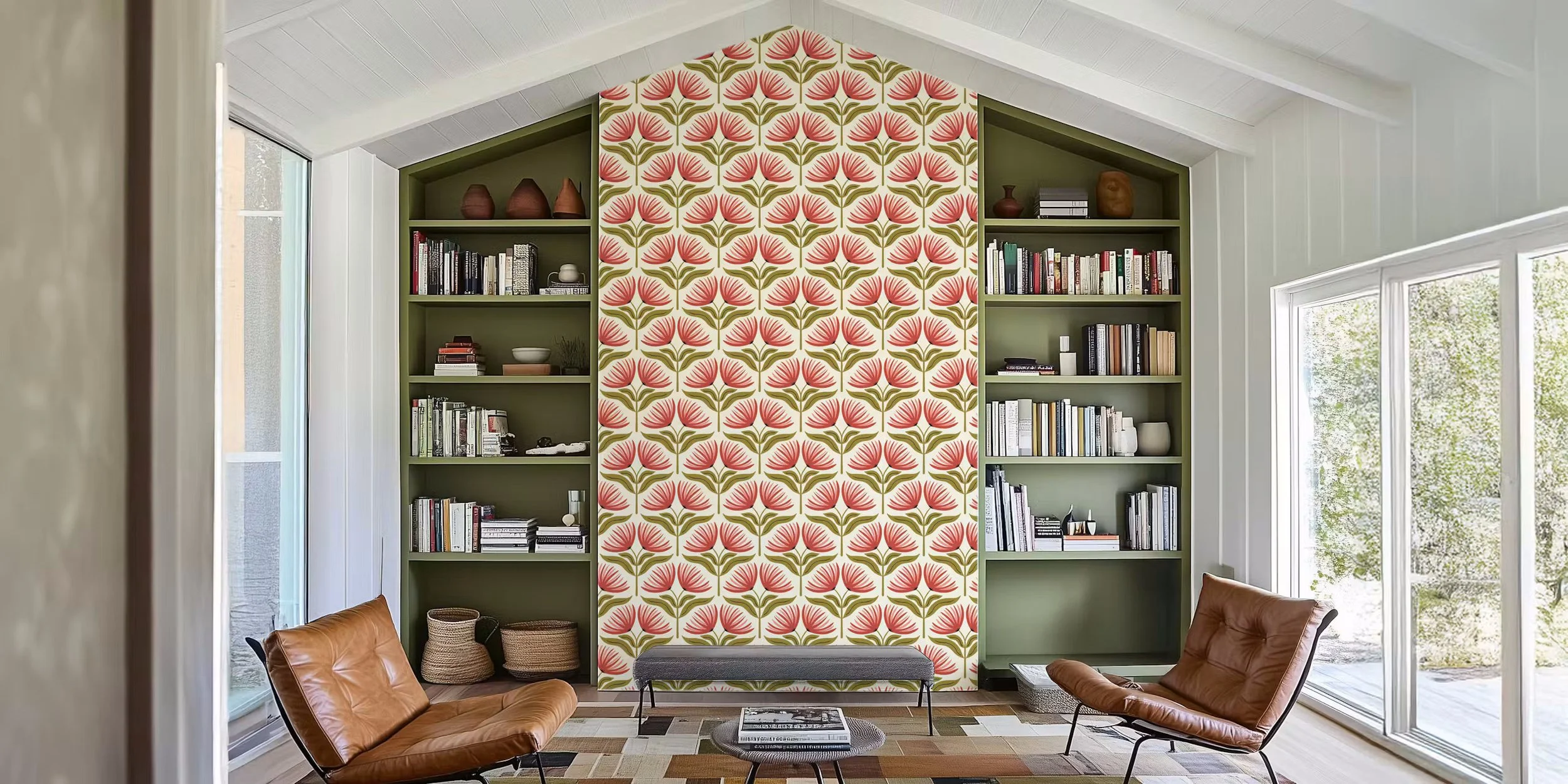 Wallpaper with red clay fan flowers on olive stems on cream in a reading nook between green bookshelves, copyright Sandra Hutter.