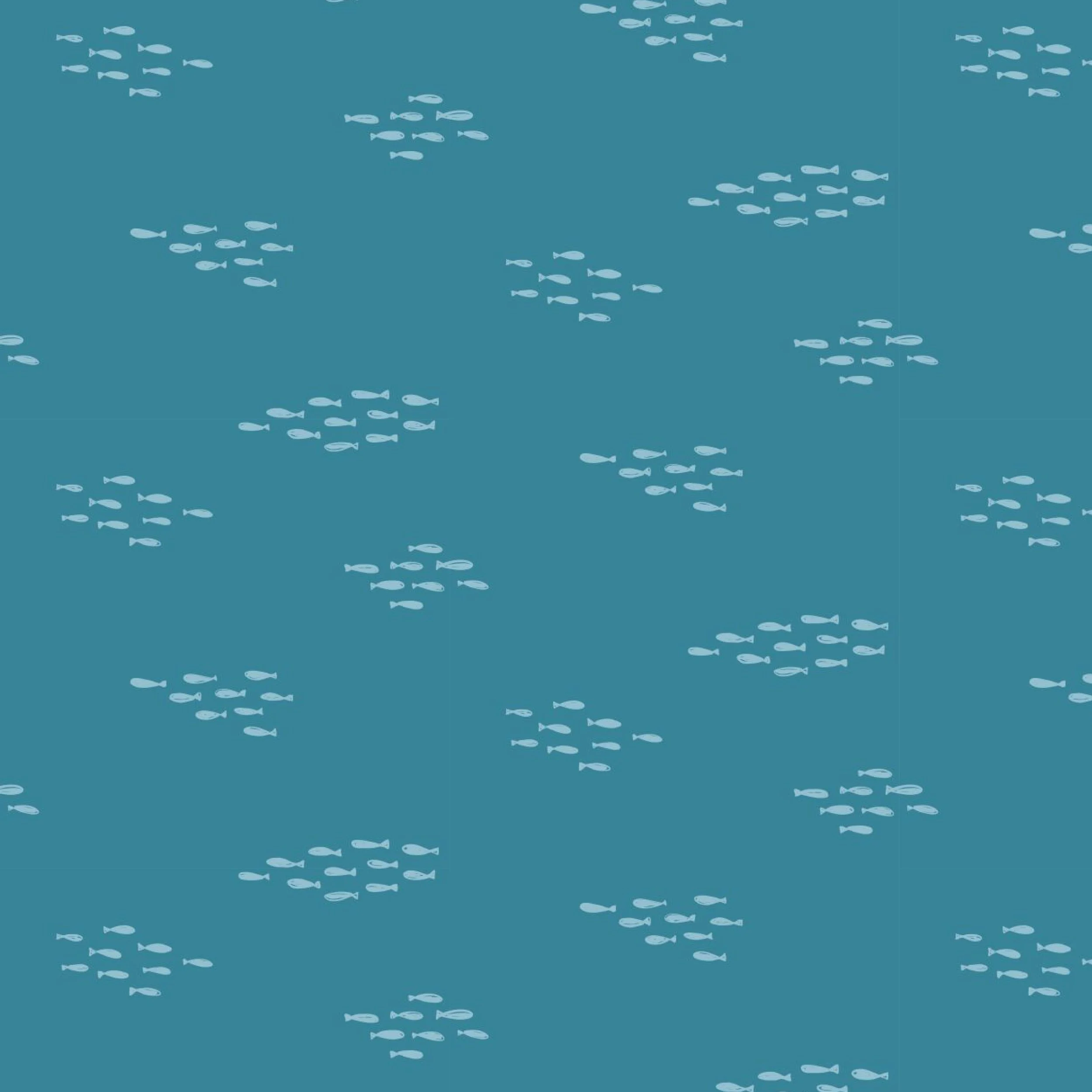 Small fish swim across calm blue ocean. Minimalist schooling fish. Hand drawn fish swarm. Great for nautical decor, beach wear, nursery decor.