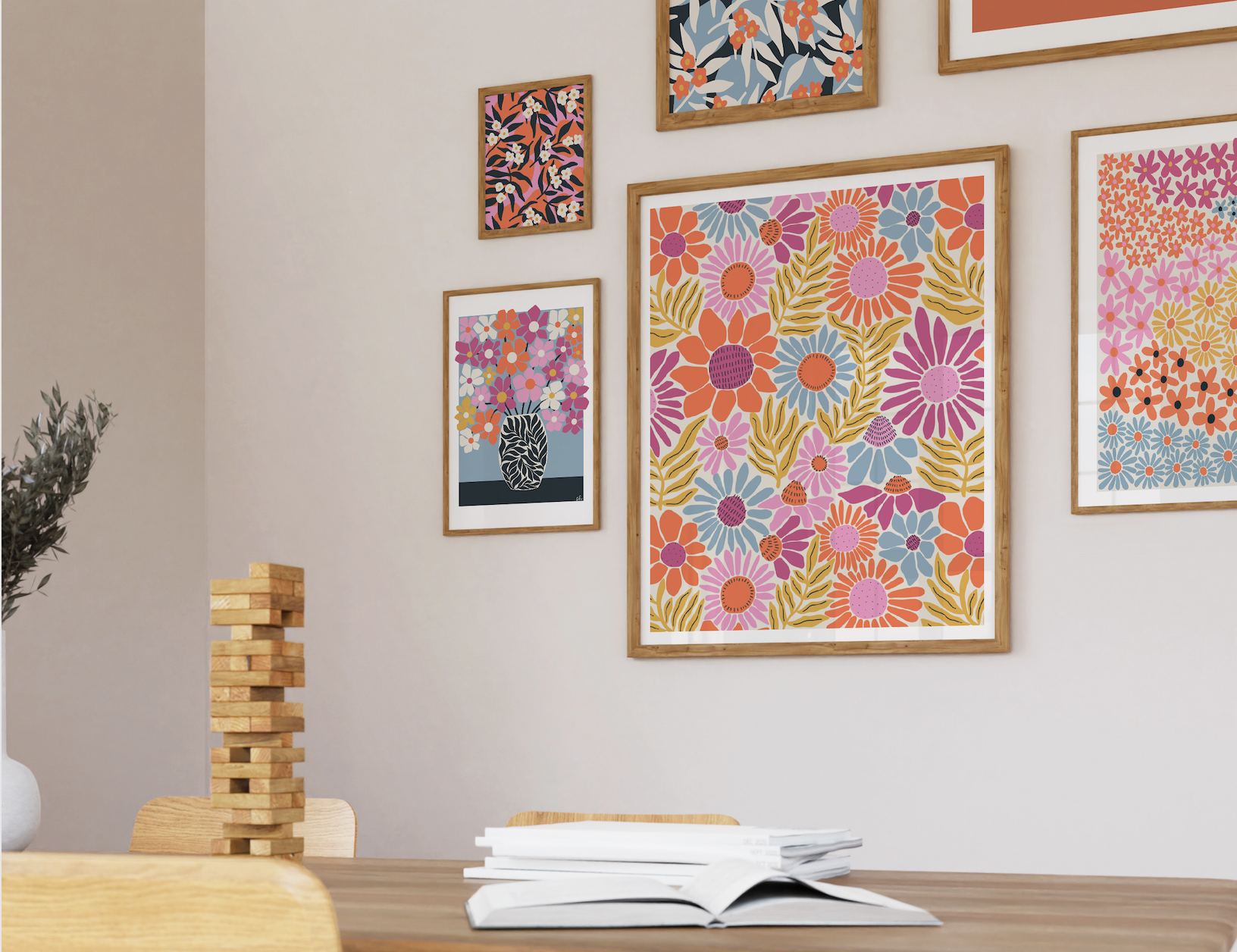 Colorful floral art print gallery wall boho style