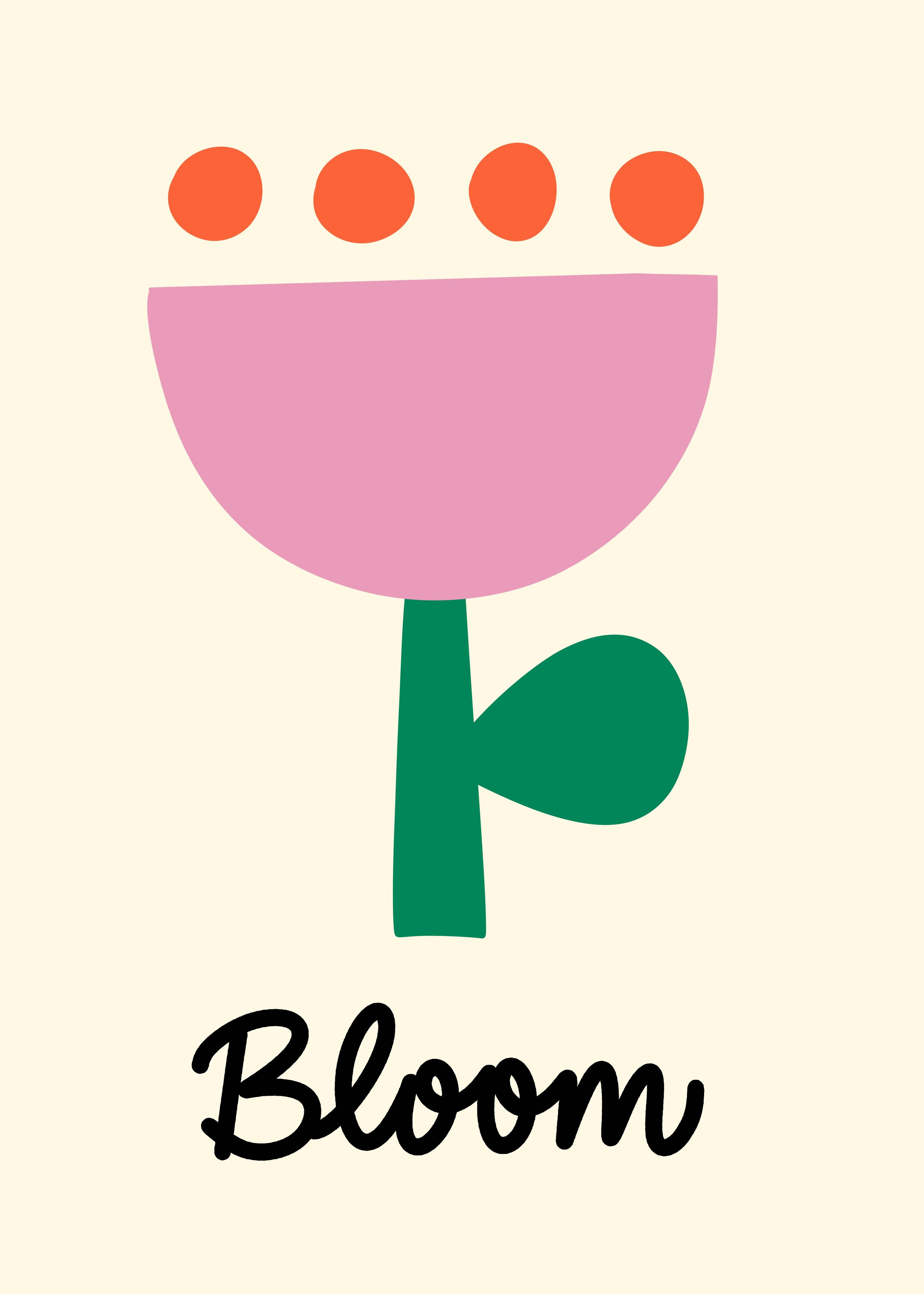 Bloom placement print with a pink tulip with orange dots and script lettering on cream, copyright Sandra Hutter.
