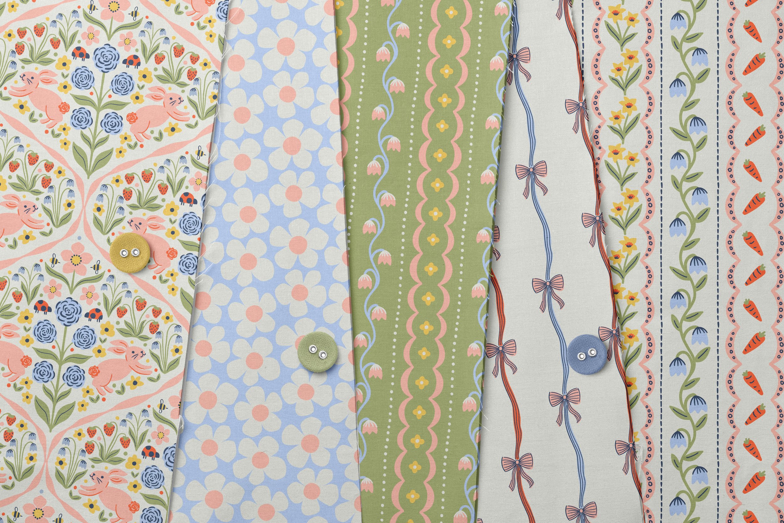 Series of fanning fabric swatches from the Bunny Garden pattern collection