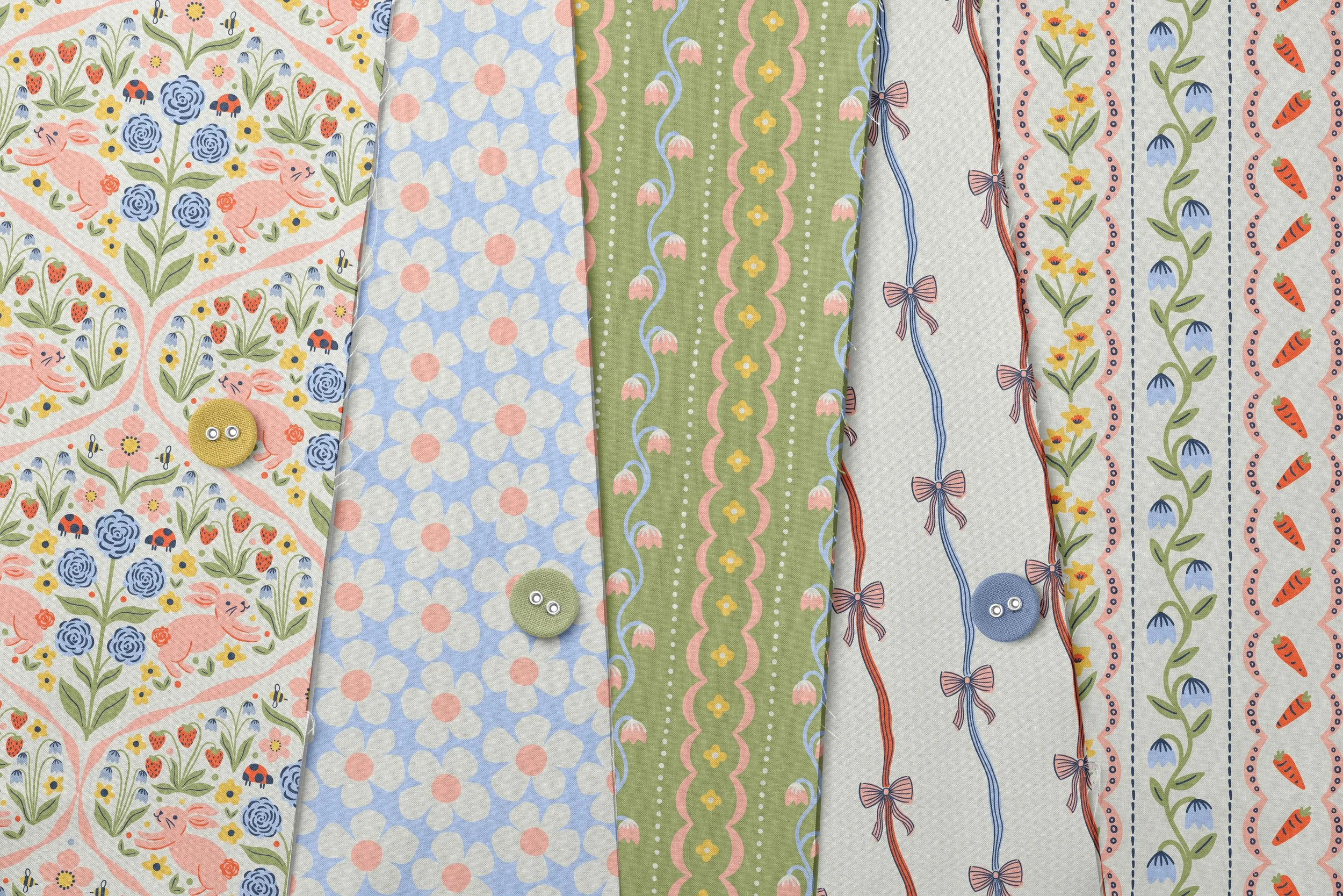 Series of fanning fabric swatches from the Bunny Garden pattern collection