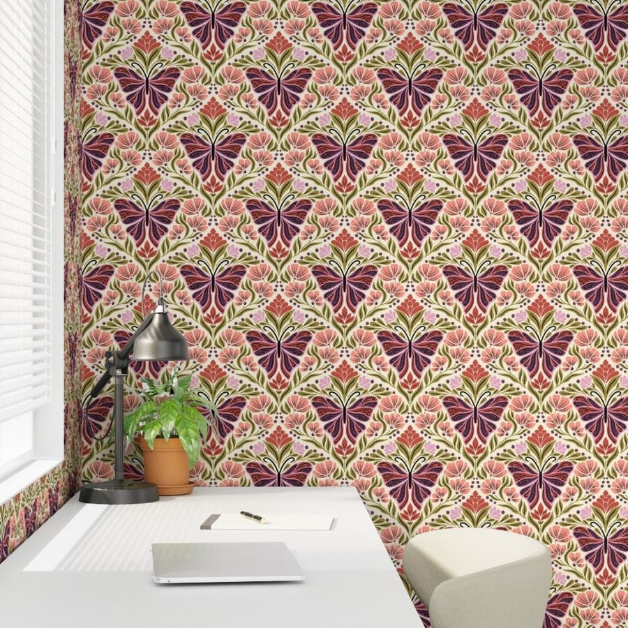 Wallpaper (home office) with plum butterflies and coral folk flowers in a mirrored damask on cream, copyright Sandra Hutter.