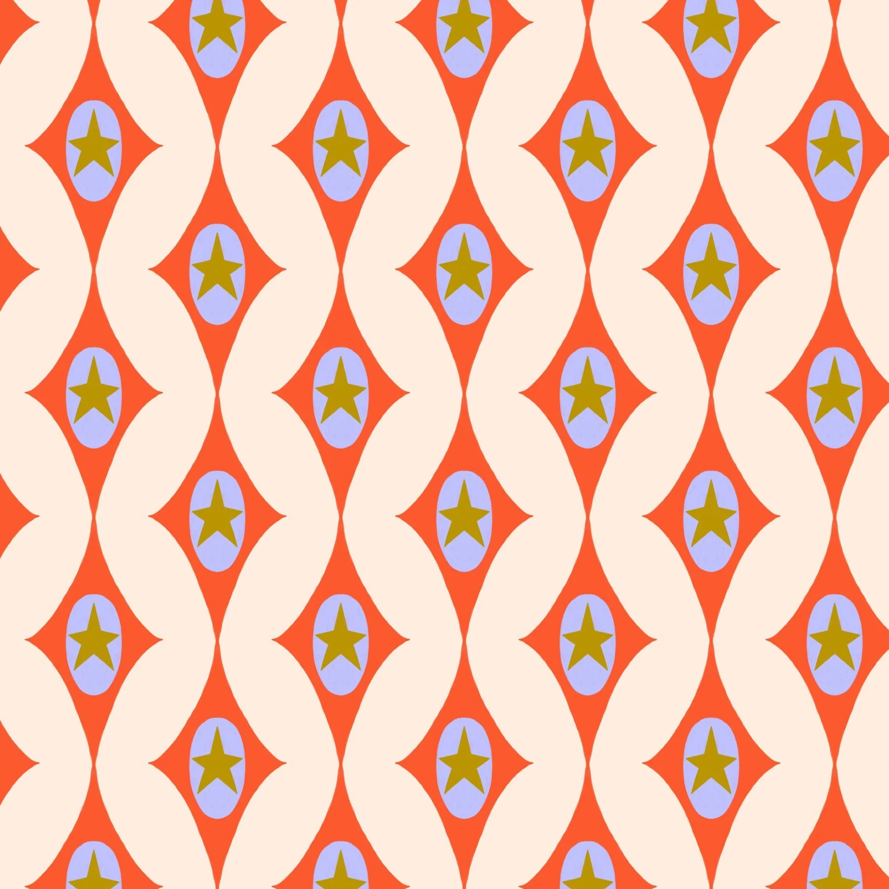 Jolly & Bright: Retro Star Diamonds in Tangerine and Cream pattern preview, copyright Sandra Hutter.