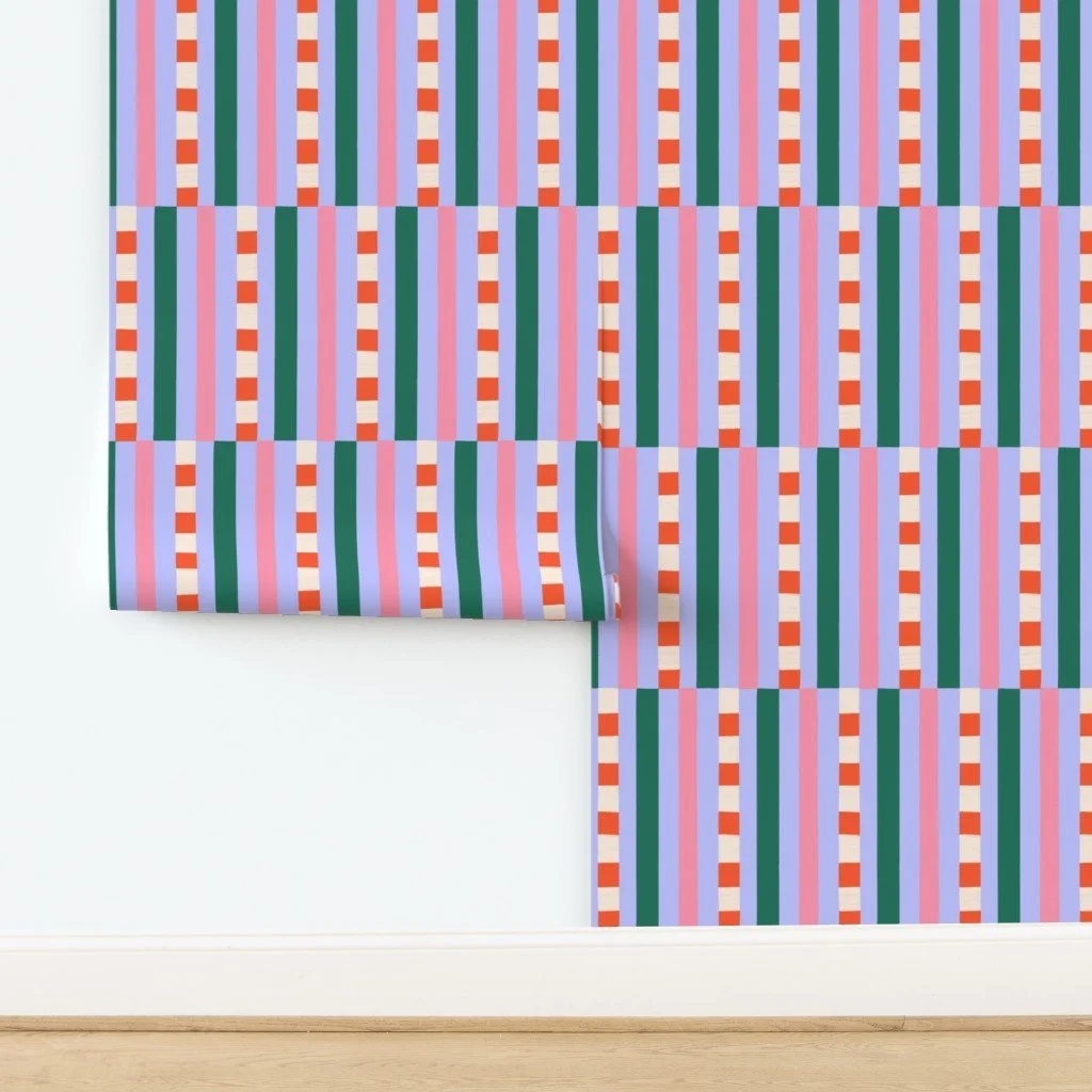 Jolly & Bright: Christmas Block Stripe in Lavender Pink and Emerald as wallpaper by Spoonflower, copyright Sandra Hutter.