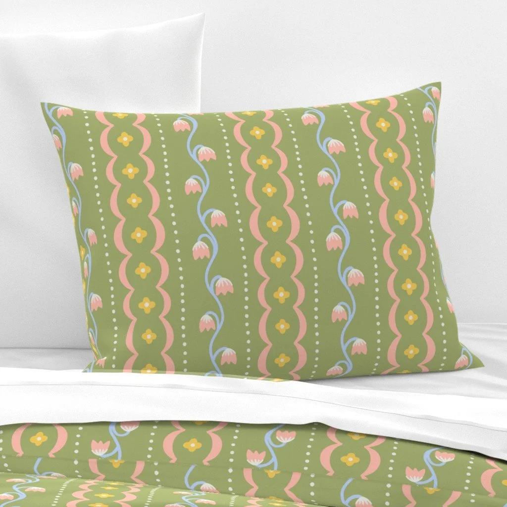 Pillow featuring the pattern Folk Art Vintage Floral Vines Stripes - Sage Green from the Bunny Garden Collection