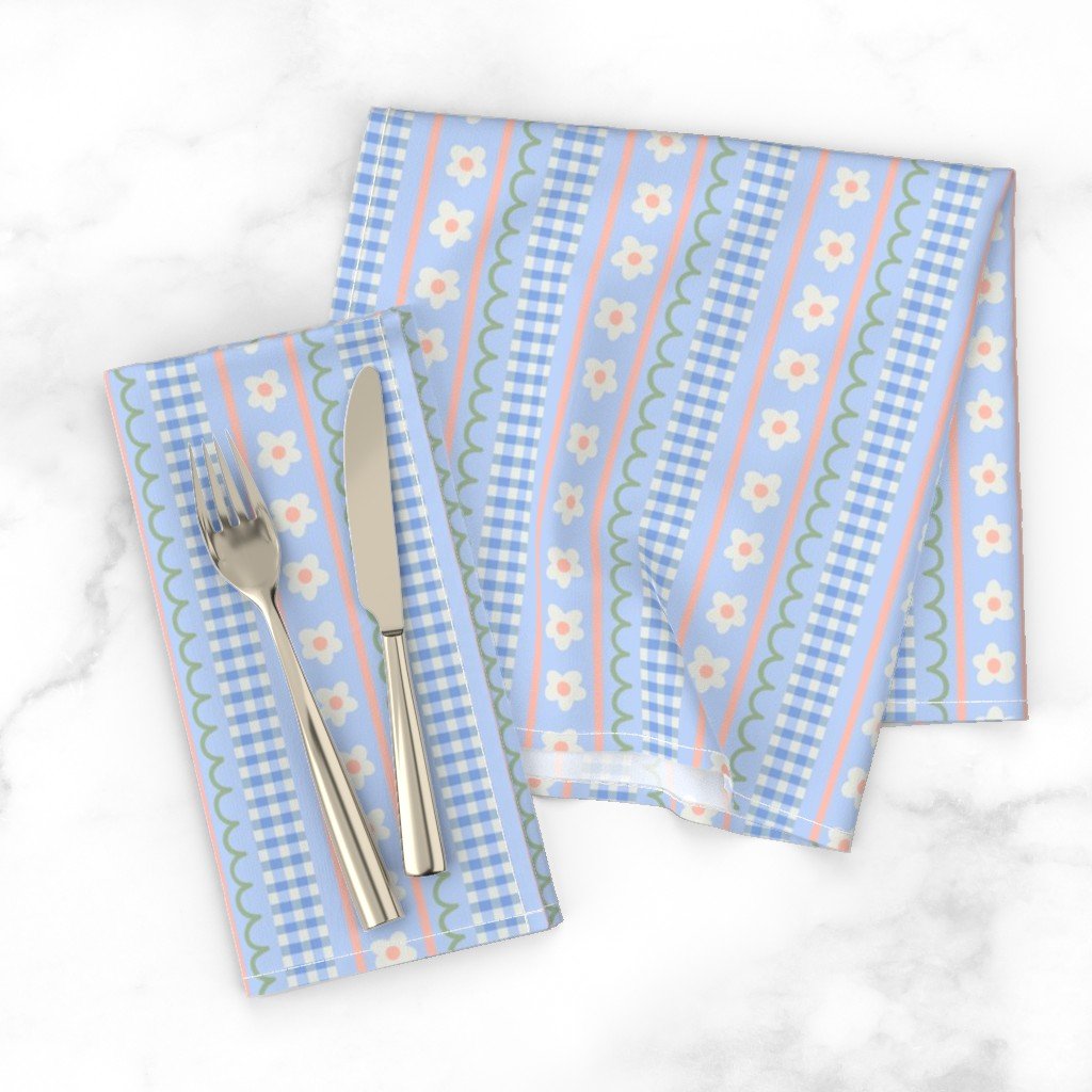 cloth dinner napkins featuring the pattern Cottagecore Floral Farmhouse Stripes - Blue Pink Green