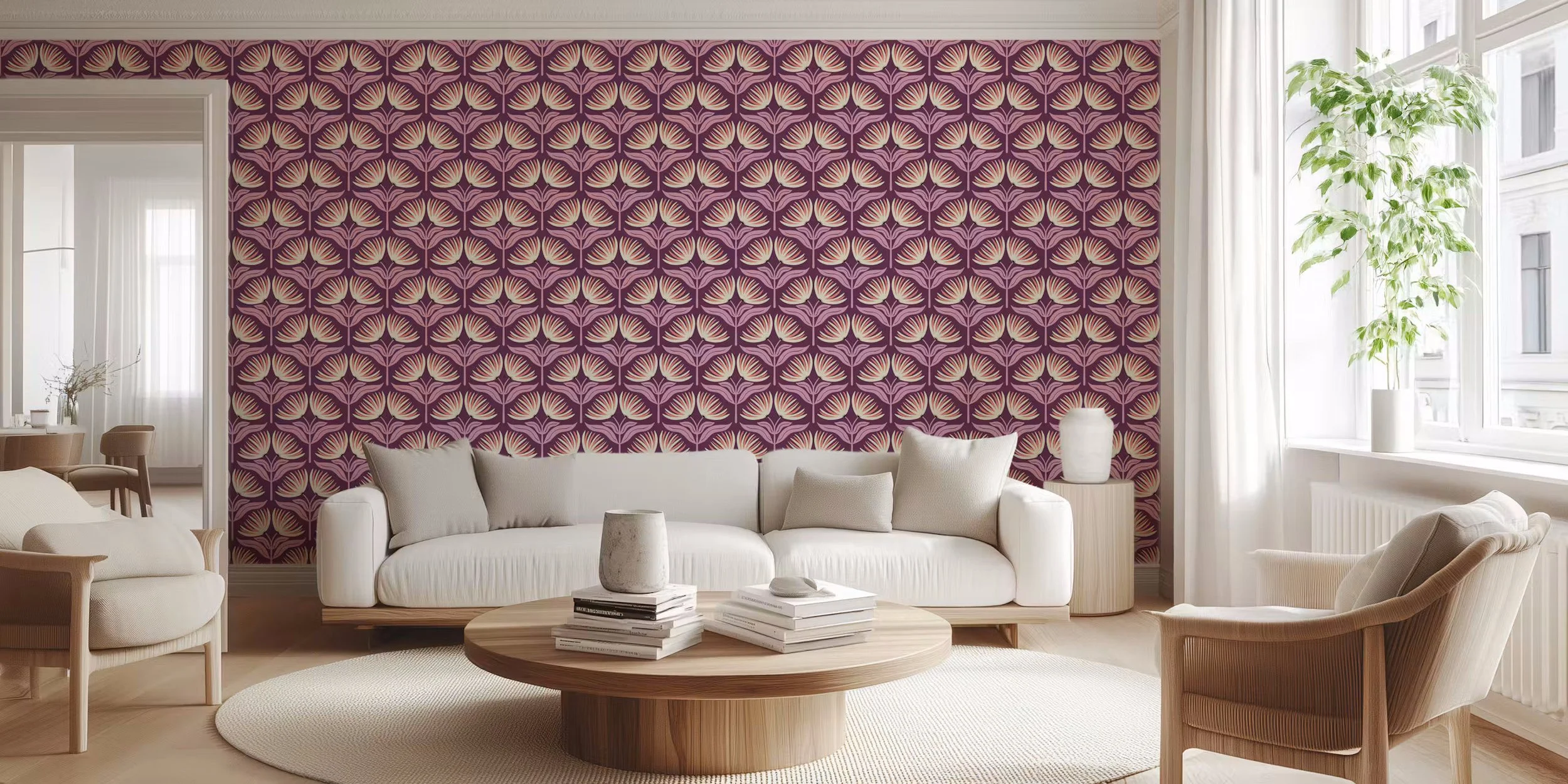 Wallpaper with cream and coral fan flowers on blush stems on deep plum in a light living room, copyright Sandra Hutter.