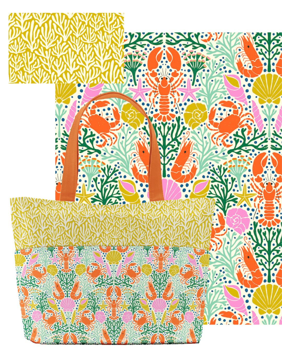 Hand-painted coastal-inspired surface pattern artwork featured on a tote bag, demonstrating licensing for fashion accessories, bags, textiles, and lifestyle products. Artwork © Sandra Hutter.