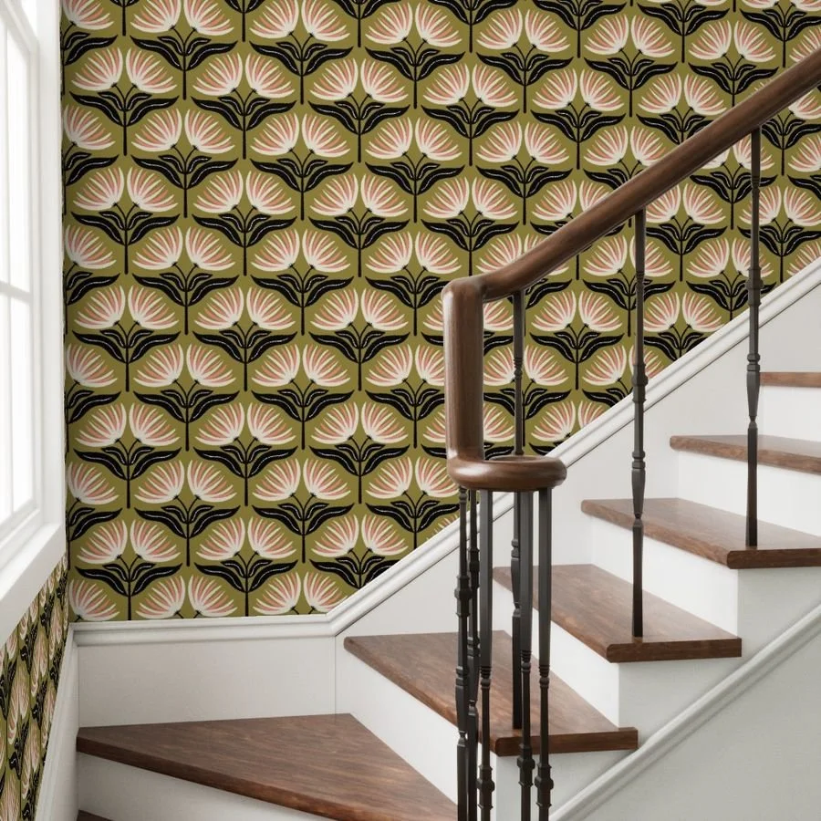 Wallpaper (staircase) with cream and coral fan flowers on black stems on olive green, copyright Sandra Hutter.