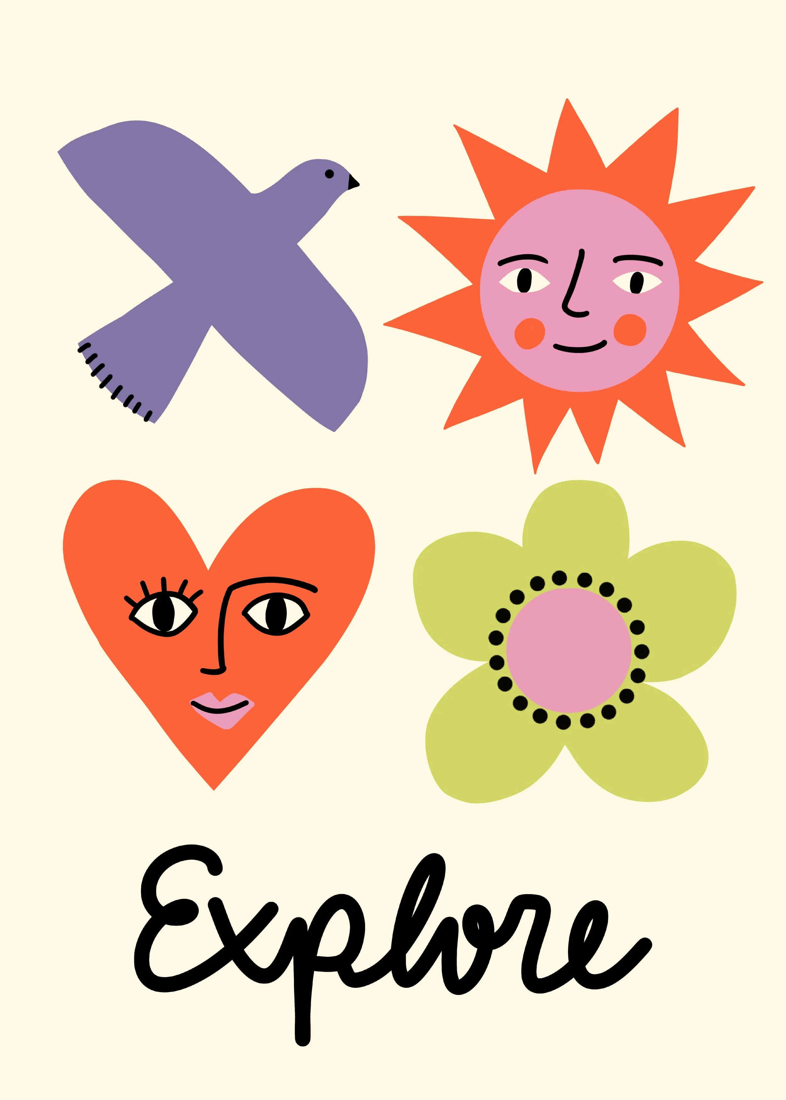 Explore placement print with a dove, smiling sun, heart face and daisy and script lettering in tangerine, lime, kelly green, lavender and pink on cream, copyright Sandra Hutter.