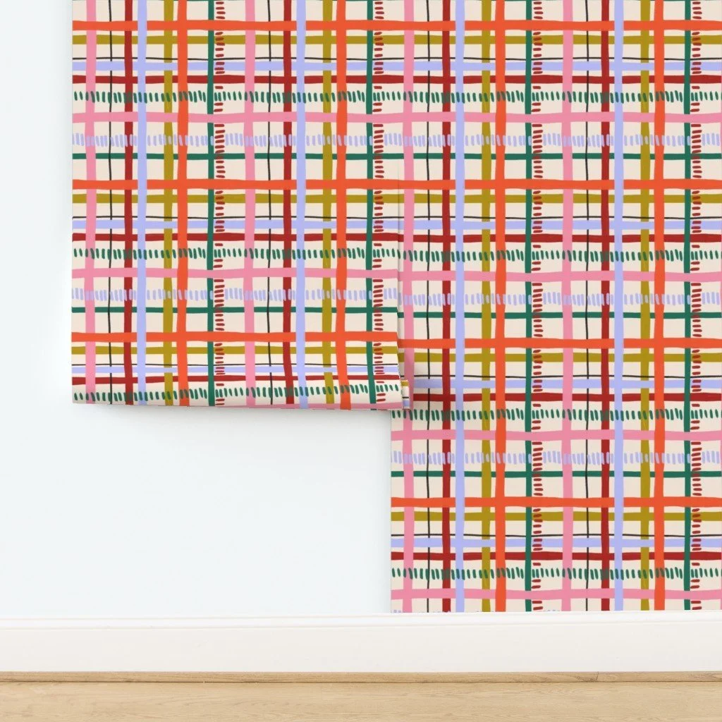 Jolly & Bright: Hand Painted Christmas Grid in Red Pink and Mustard as wallpaper by Spoonflower, copyright Sandra Hutter.