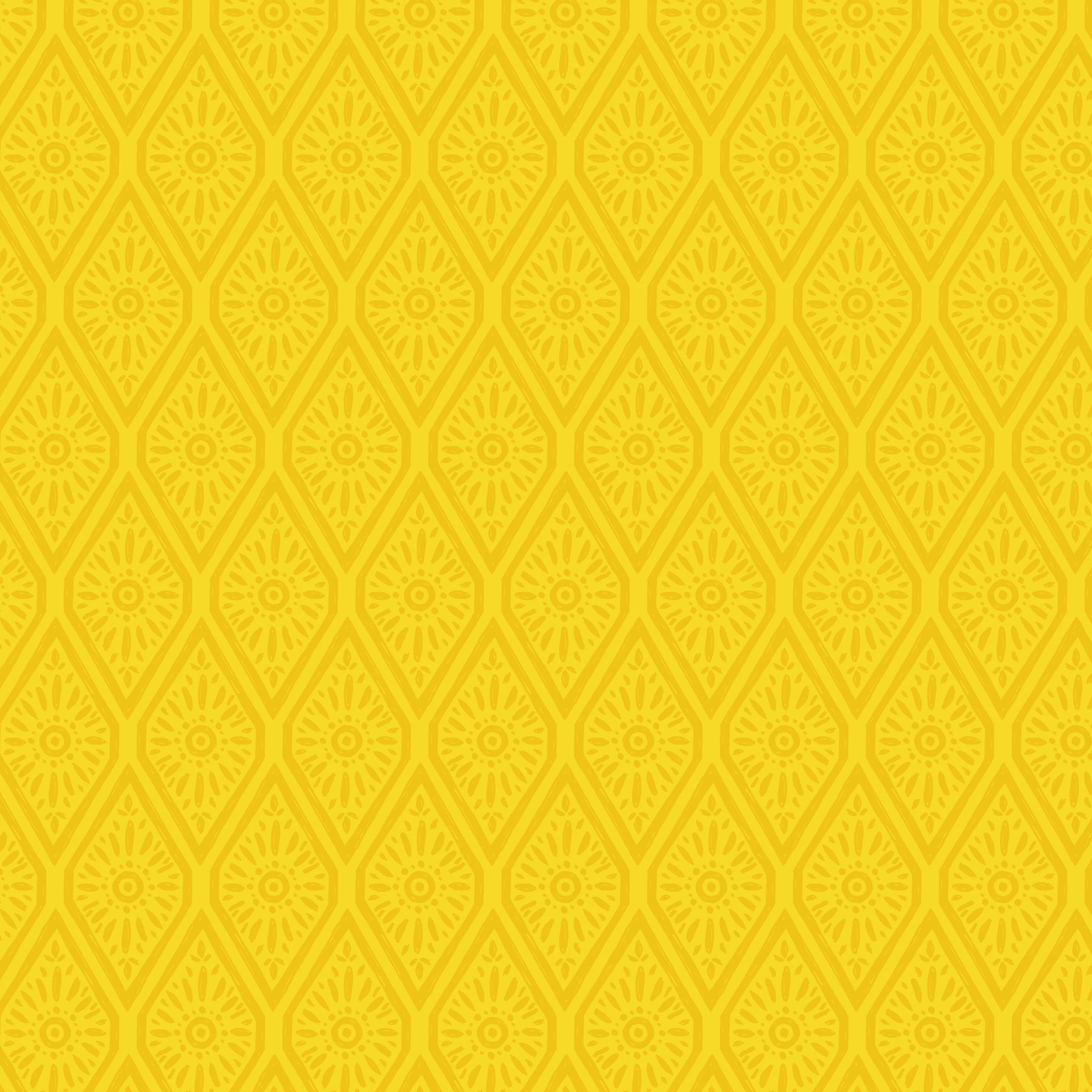 Folk Art inspired creative diamond ogee pattern with textured line art designs of a sun burst shape and lines in a monochrome bright yellow color palette.