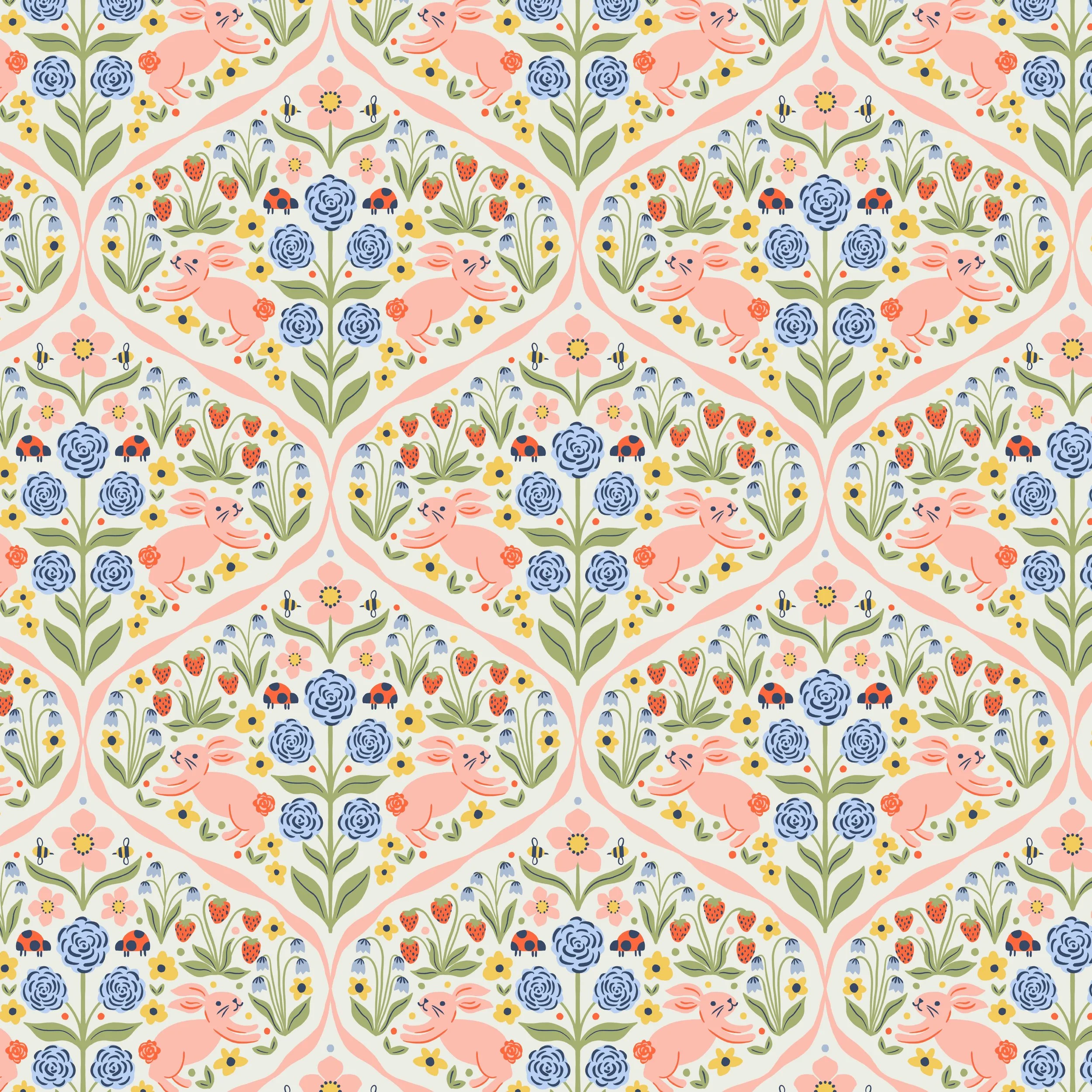 Detailed spring ogee damask design featuring pink bunny rabbits, ladybugs, bumblebees, strawberries and a variety of colorful flowers on an off white background with pastel pink ribbon accents.