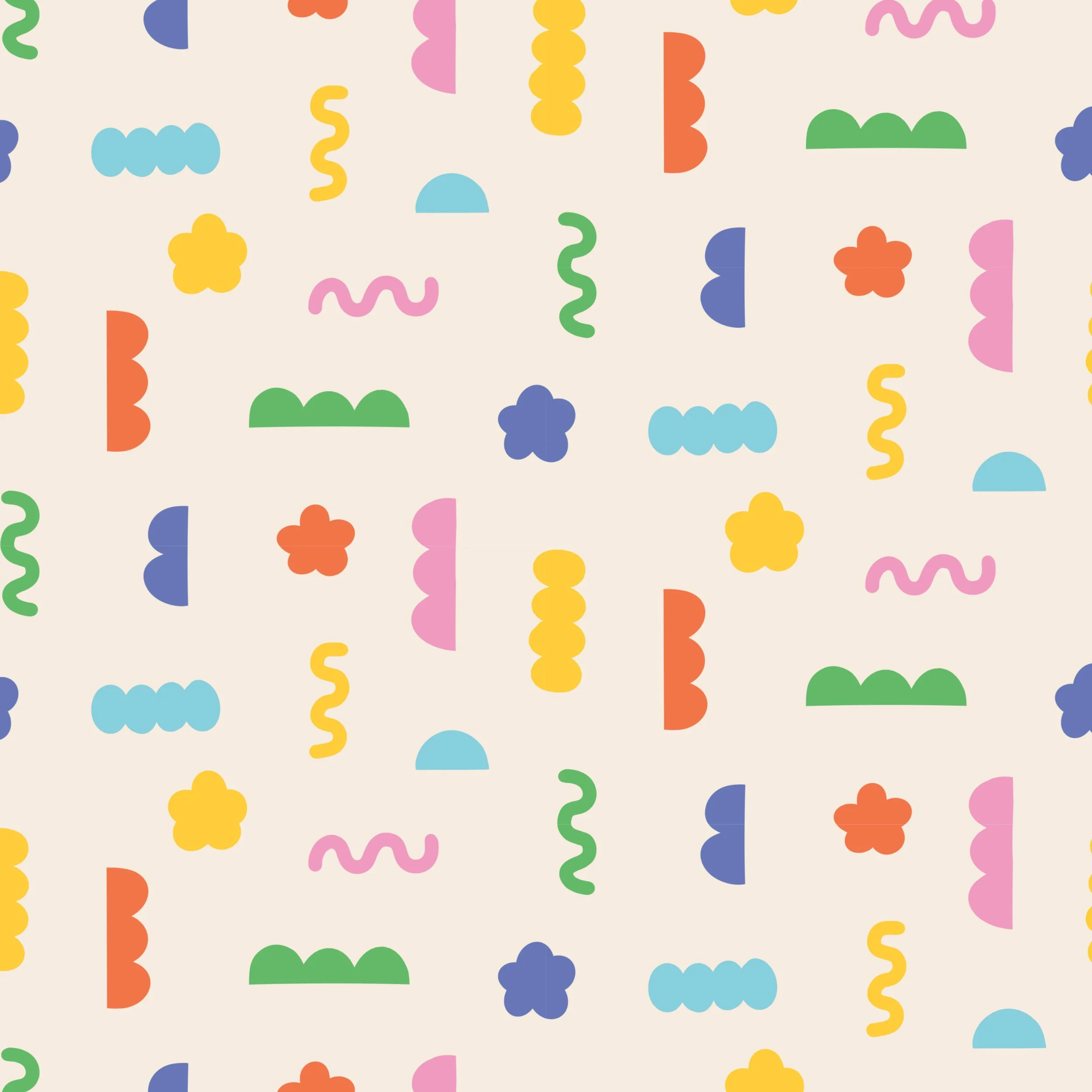 Series of brightly colored rainbow geometric shapes and doodles on a pink background. Perfect for kids / toddler clothes and room decor