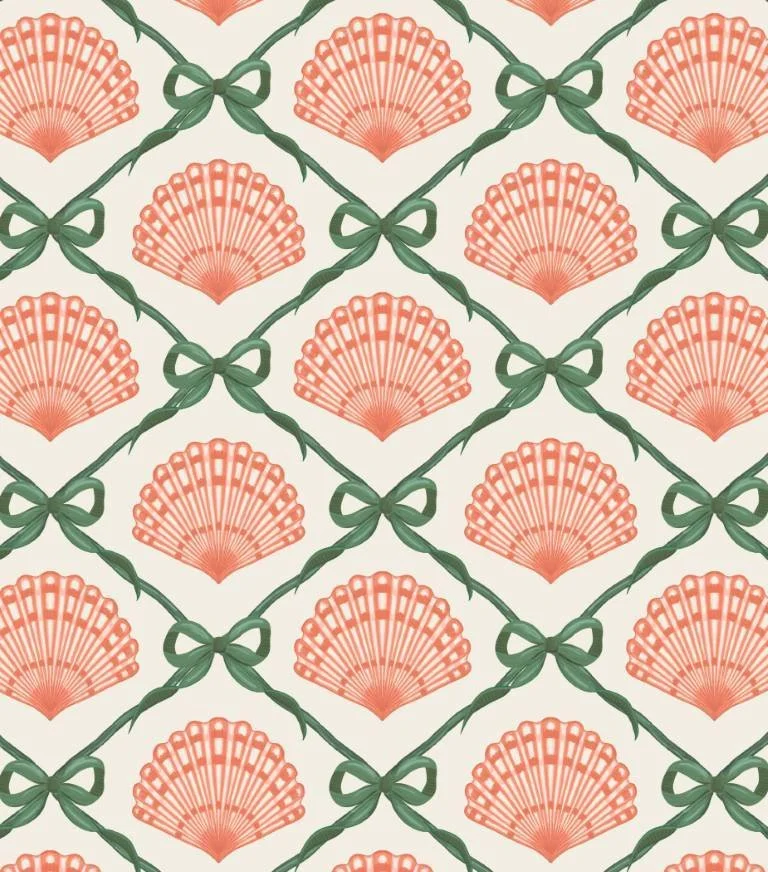 Coral Seashells and Green Ribbons 