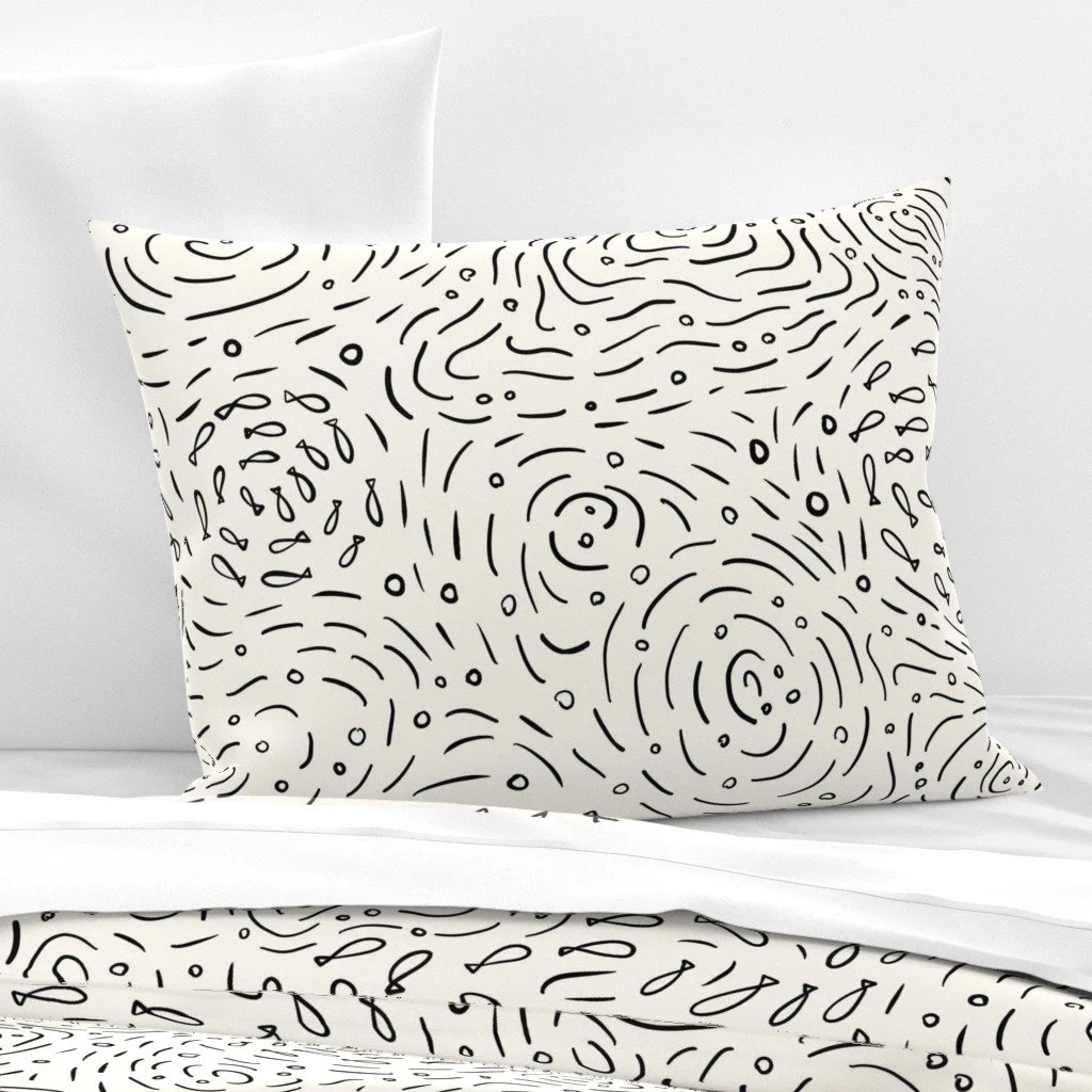 Pillow case featuring the Schooling Fish Black White Ocean Animals Minimalist Nautical Fish Swarm pattern
