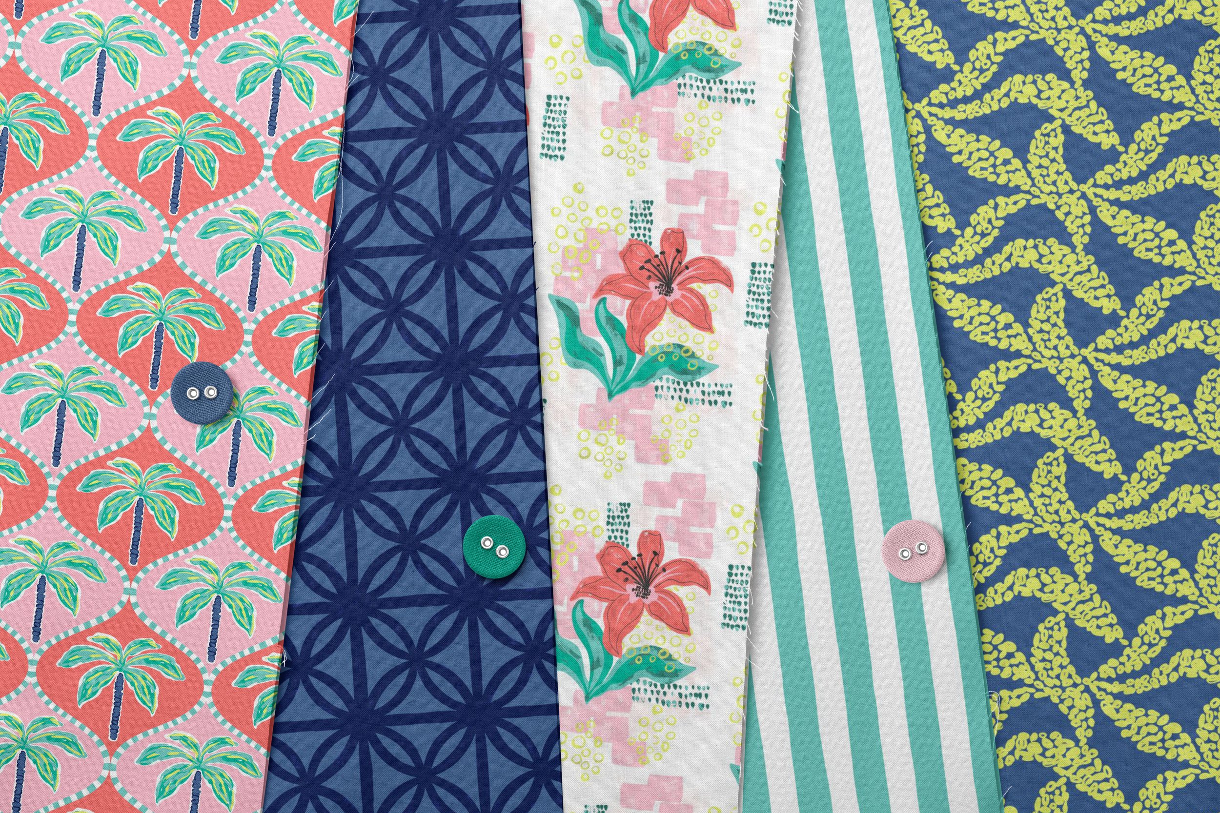 Fanned swatches of fabric featuring patterns from the Retro Palm Tree Oasis Collection