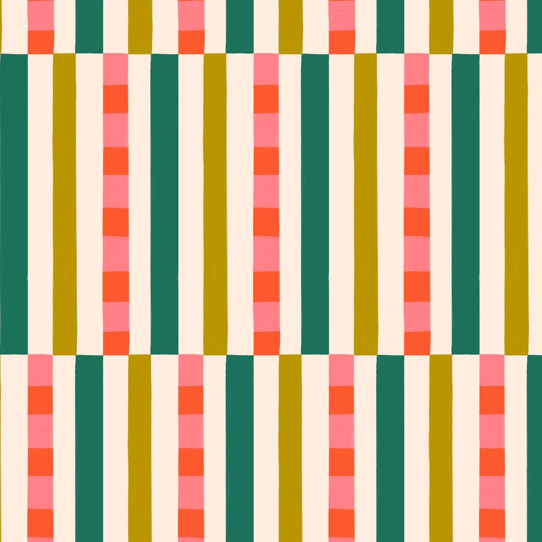 Jolly & Bright: Color Block Stripe with Mini Checks in Mustard Pink and Emerald pattern preview, copyright Sandra Hutter.