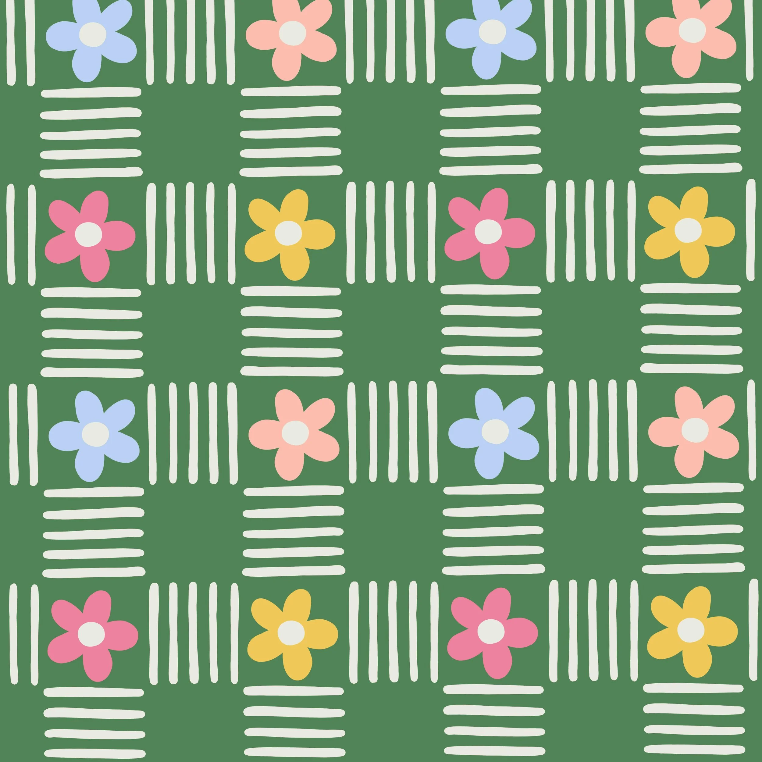 Retro inspired funky grid pattern made of blocks of white hand drawn dashed and multicolor, pastel, five-petal flowers on a fern green background. Perfect for retro / flower power inspired decor.