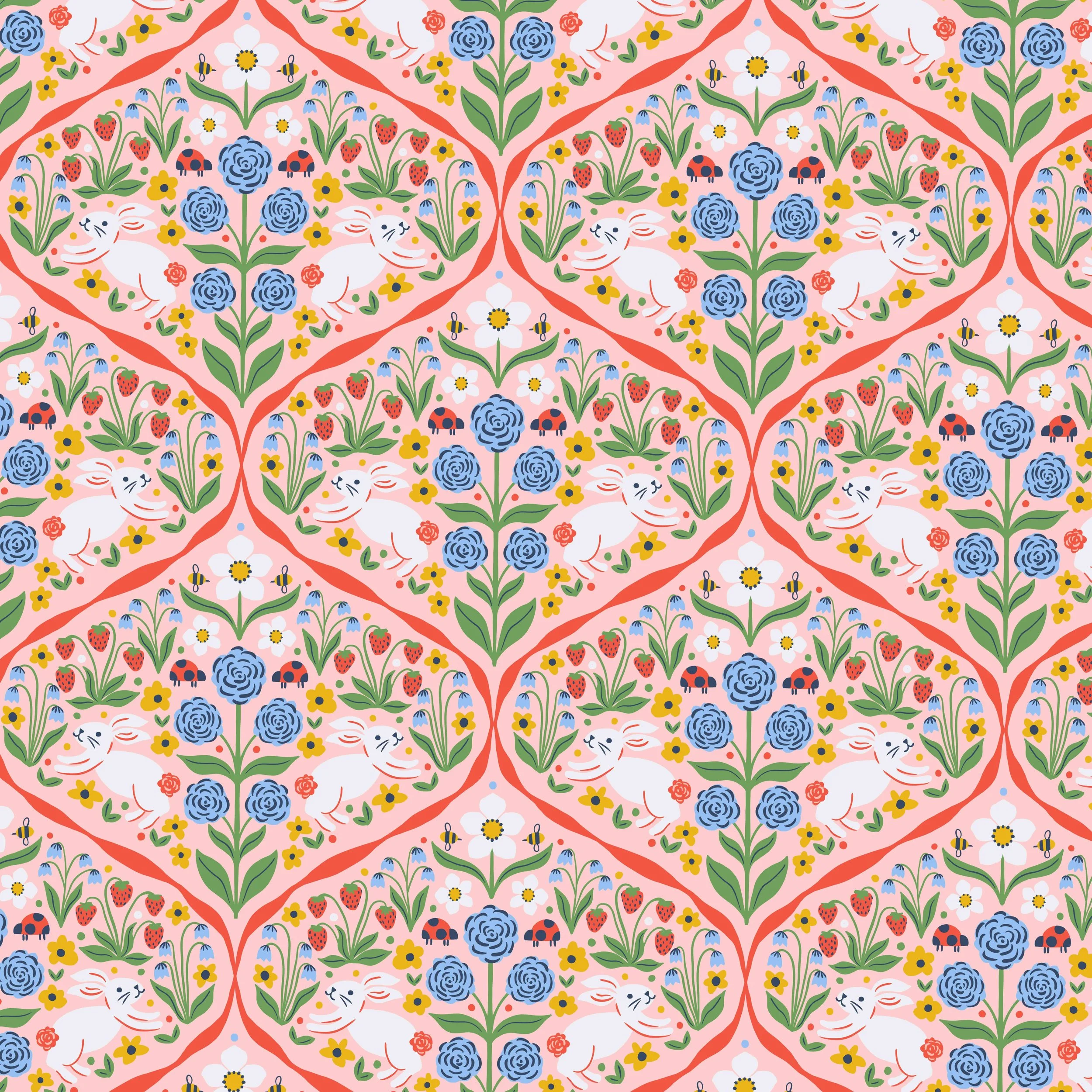 Detailed spring ogee damask design featuring white bunny rabbits, ladybugs, bumblebees, strawberries and a variety of colorful flowers on a light pink background with red ribbon accents.