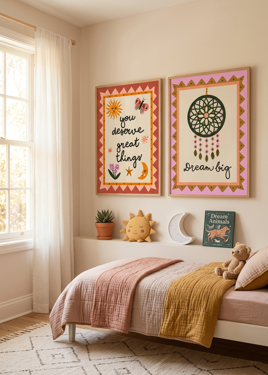 You Deserve Great Things and Dream Big hand-lettered celestial quote prints, framed boho wall art for a kids' bedroom, copyright Sandra Hutter