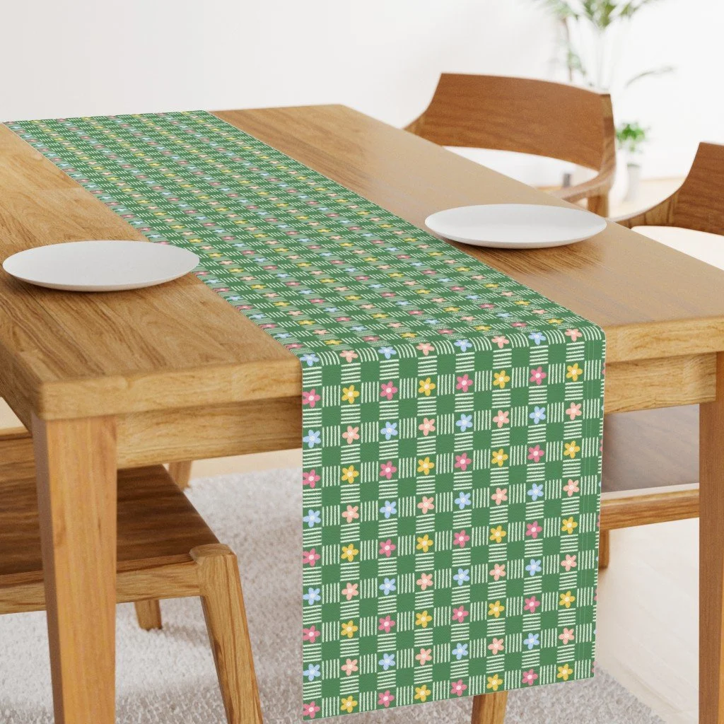 decorative table runner featuring the pattern Flowers and Lines Checkerboard Grid - Green and Cream