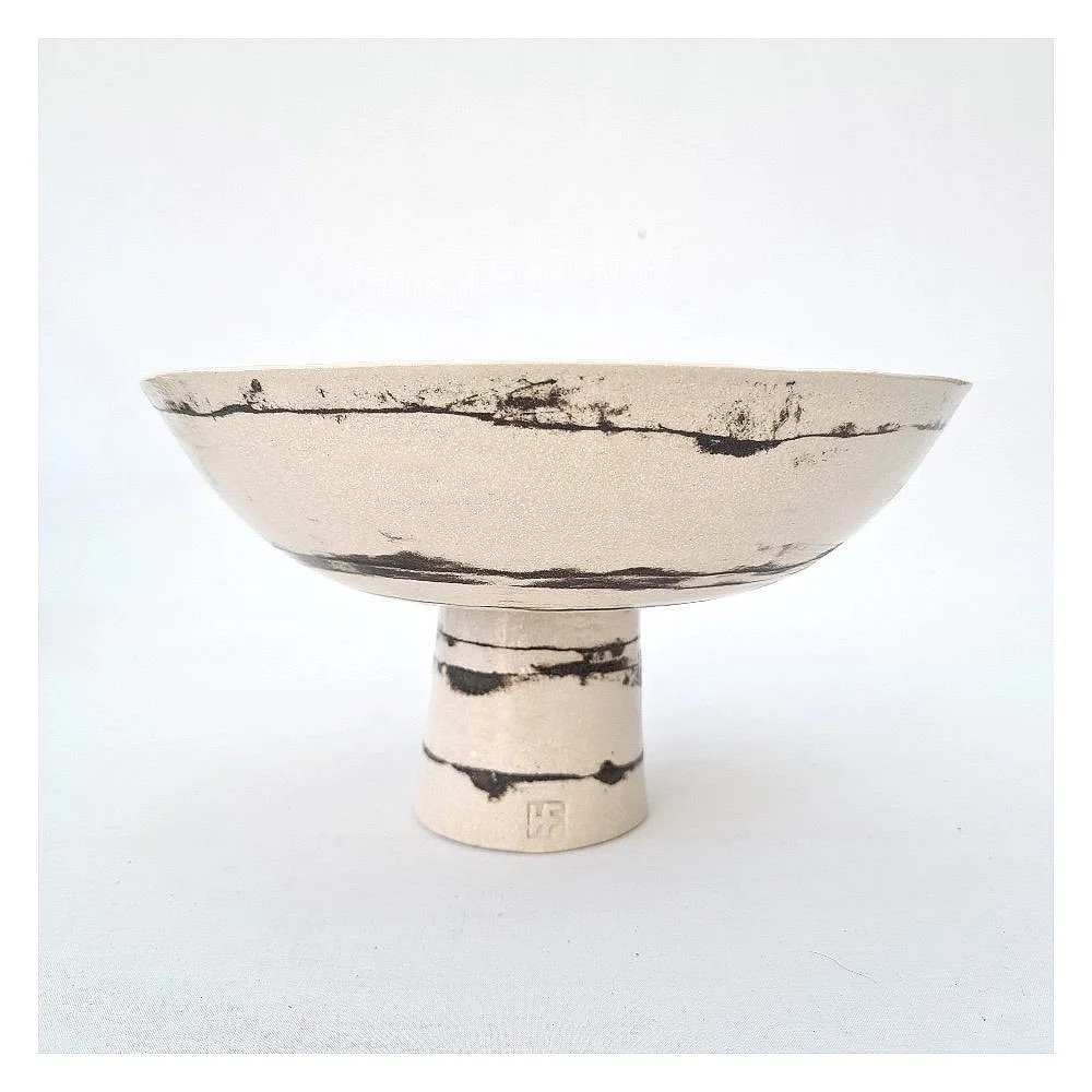 Large black and white pedestal bowl ‘Flint Lines’