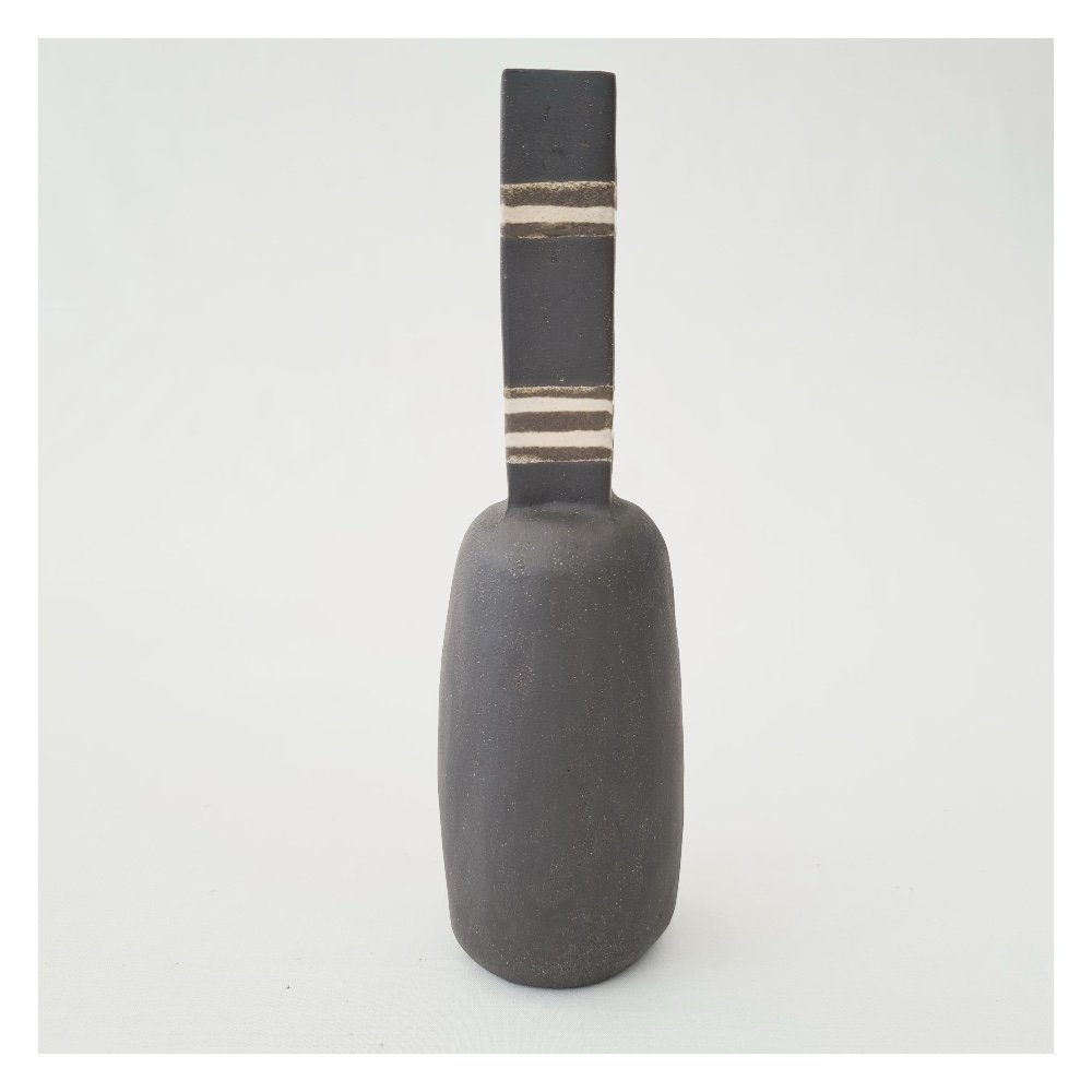 Black ceramic square necked vase with thin cream horizontal stripes