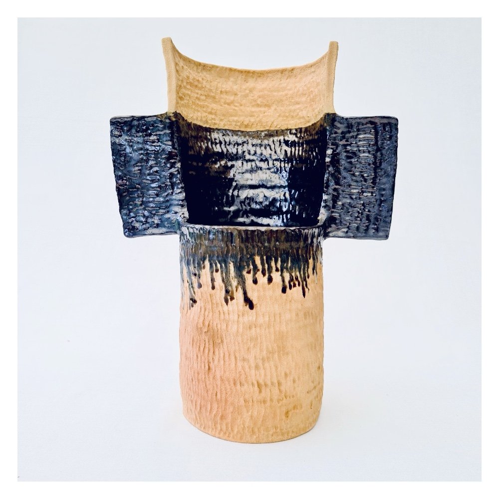 Metallic black and tan ceramic vase by Harriet Ferris 2024 .jpg