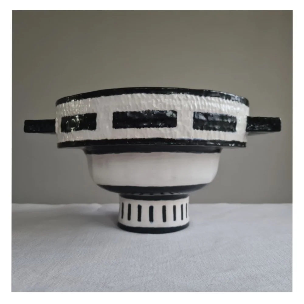 Large Black and White Pedestal Bowl by Harriet Ferris