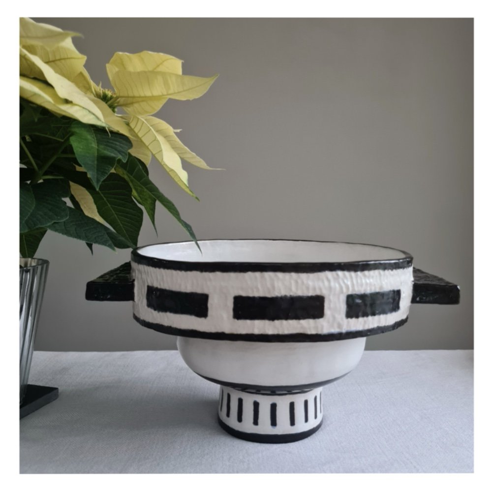 Large black and white pedestal bowl