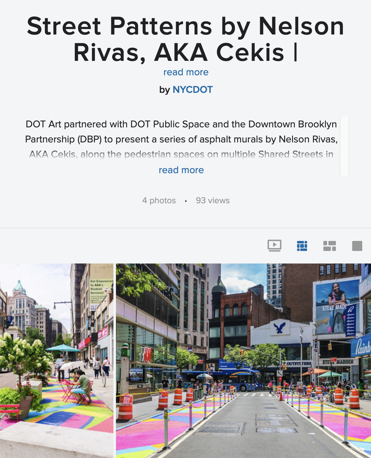 Two photos of city streets with colorful asphalt murals, trees, buildings, pedestrians, and urban infrastructure.