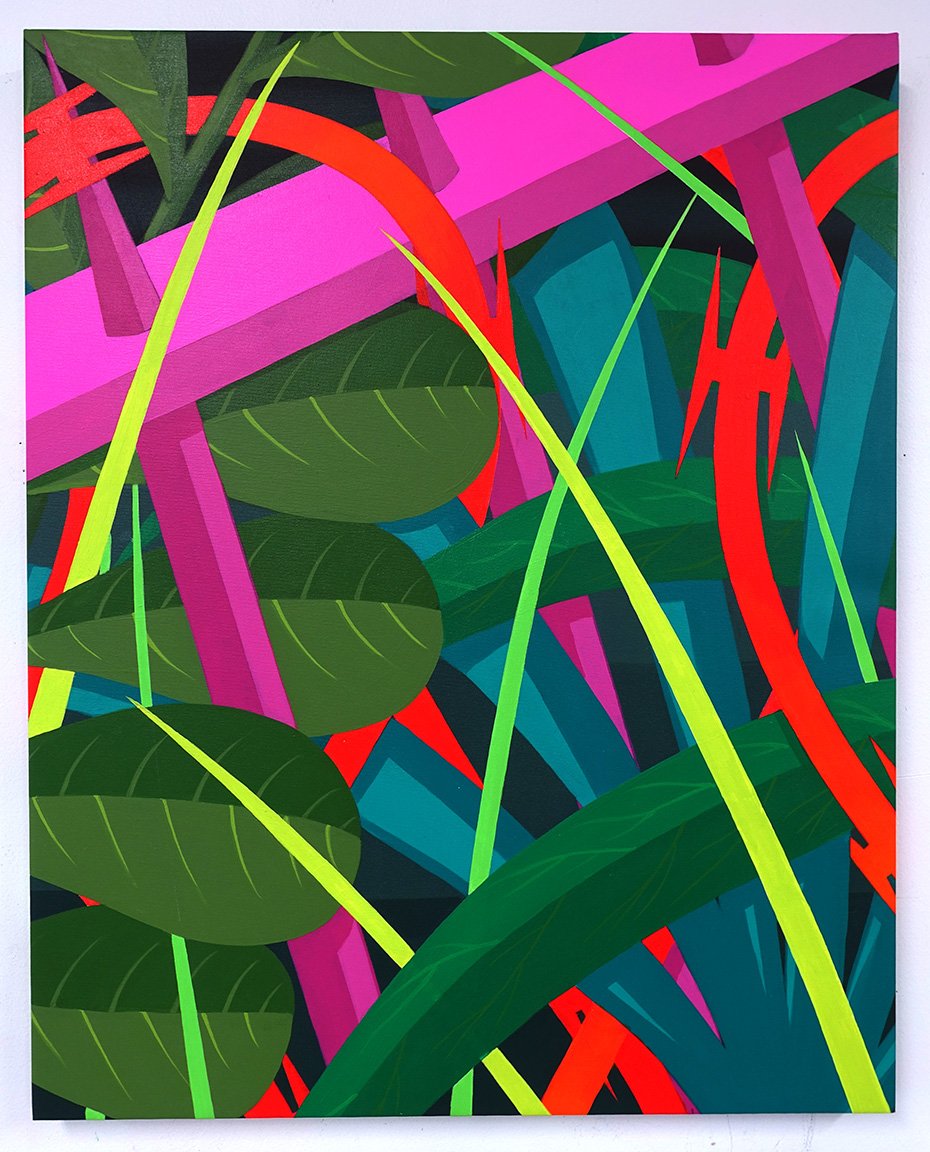 Brightly colored abstract painting of tropical leaves and stems in pink, green, yellow, red, and blue.