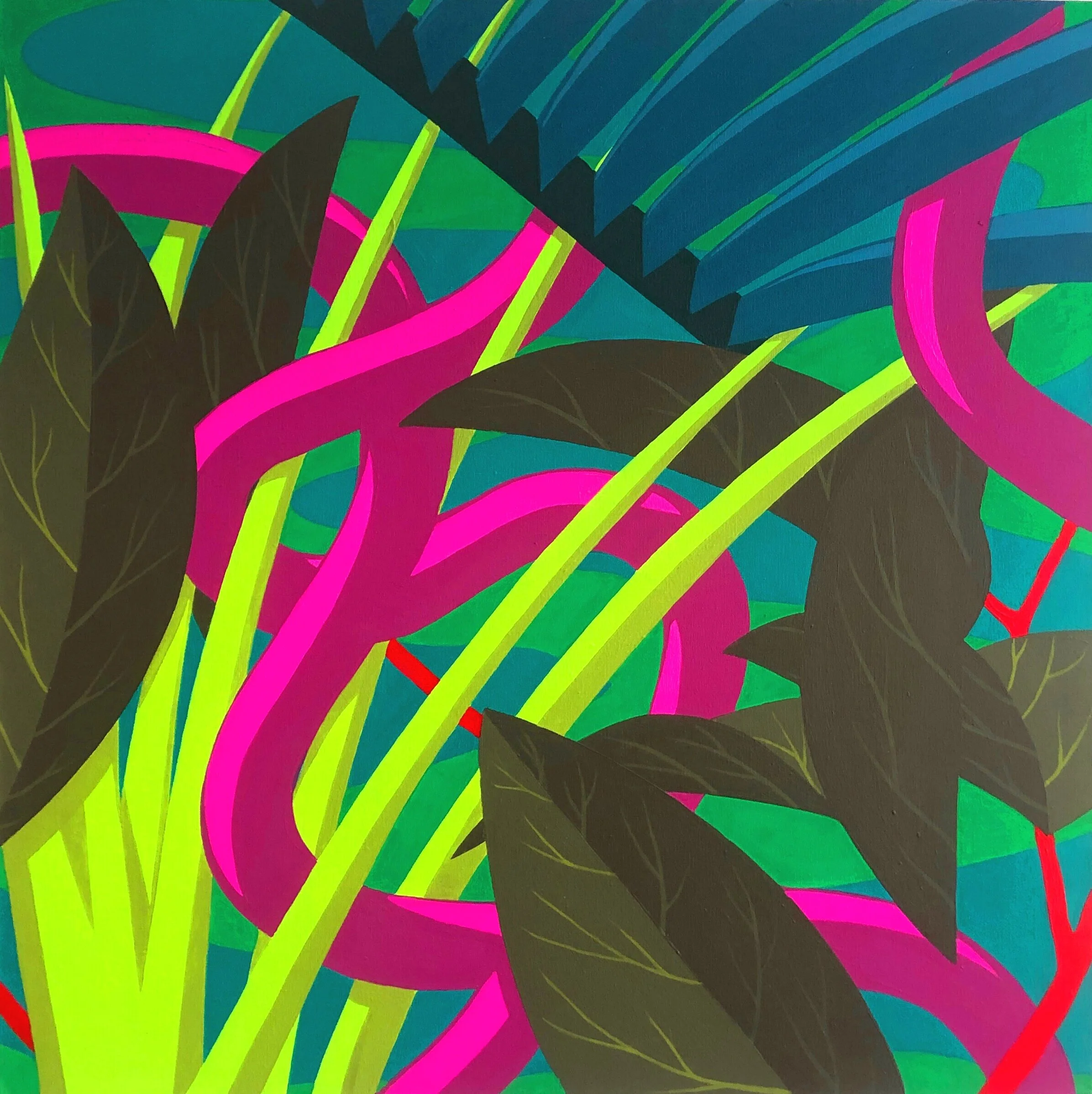 Colorful abstract illustration of tropical plants and leaves in pink, green, blue, yellow, and black.