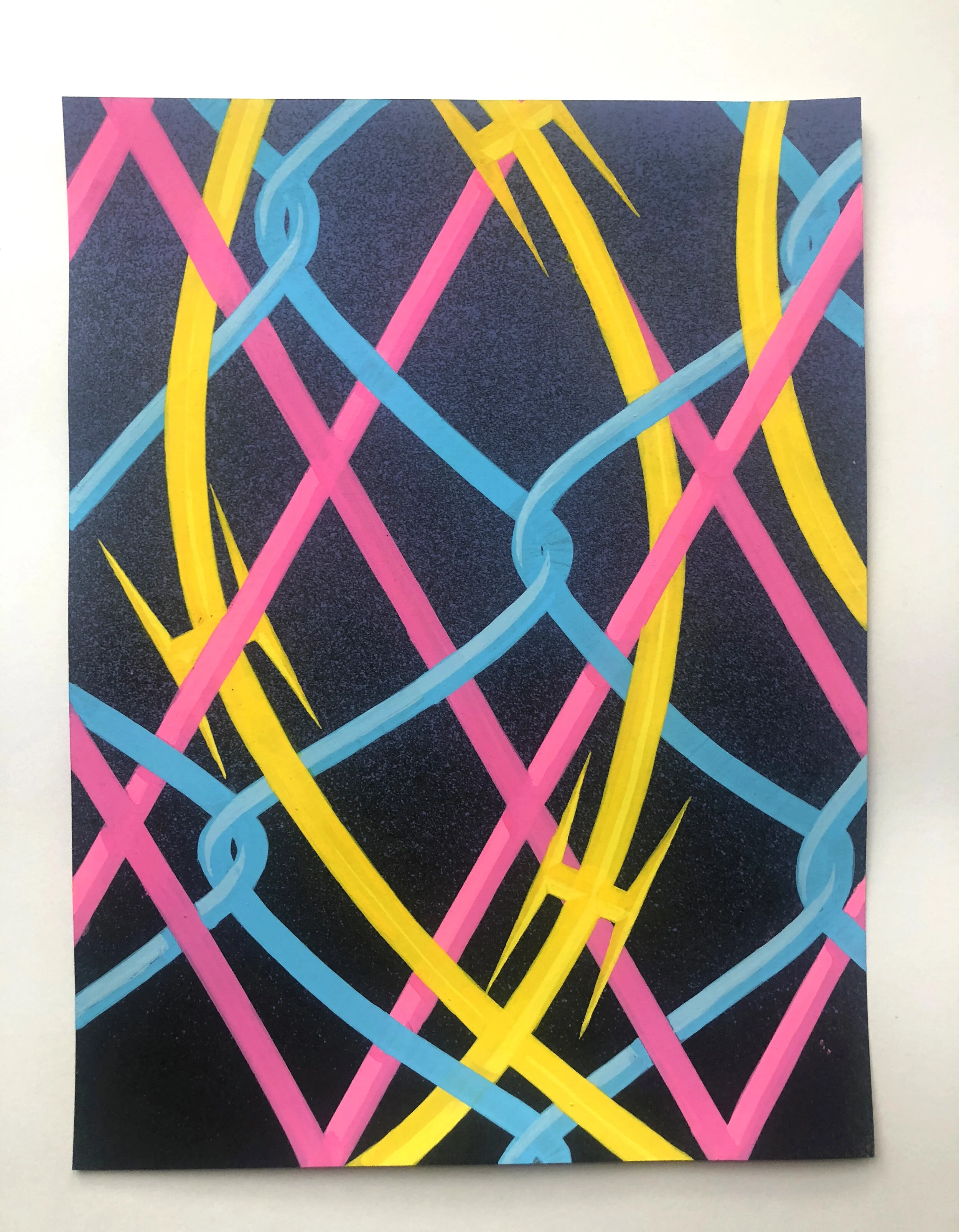 Abstract painting with pink, blue, and yellow intertwined lines on a dark background.
